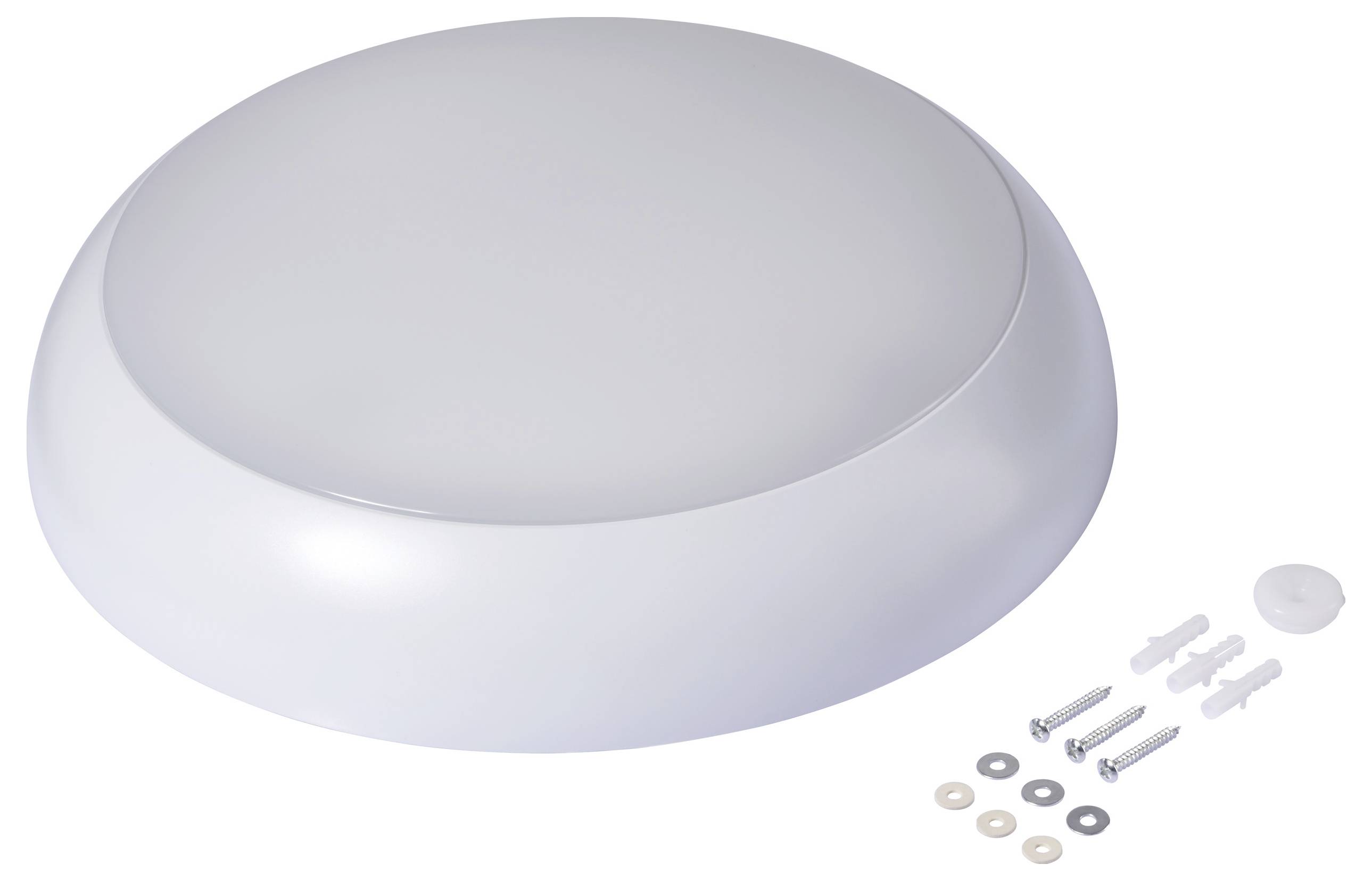 Runde weiße Deckenleuchte mit glatter Kuppelform, inklusive Befestigungsschrauben und Kunststoffdübeln.