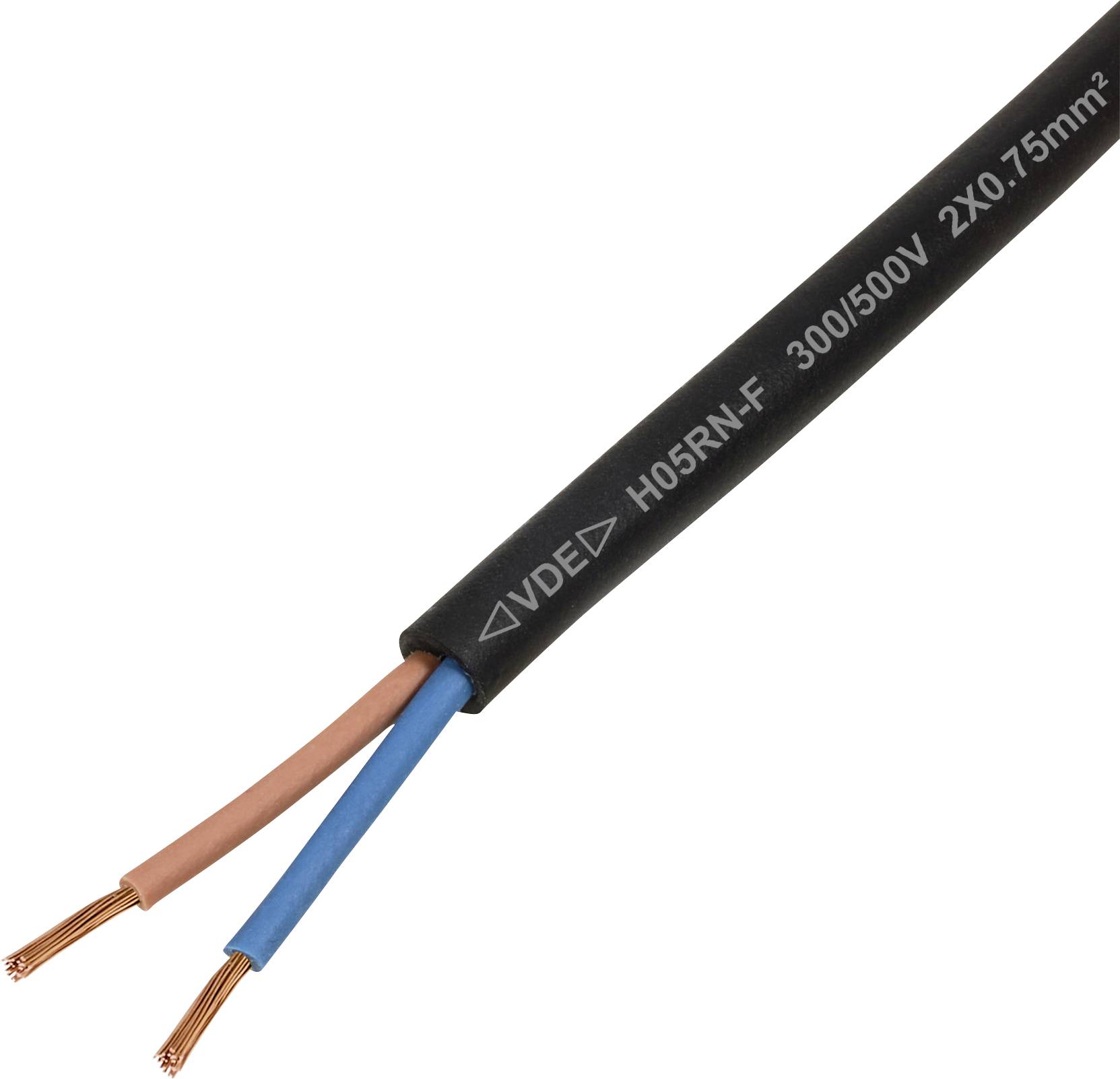 Schwarzes elektrisches Kabel mit der Beschriftung 'H05RN-F 300/500V 2x0.75mm²', das zwei Drähte zeigt, einen blauen und einen braunen, mit freiliegenden Kupferenden.