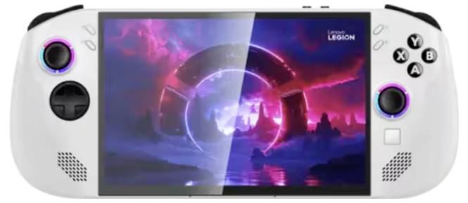 Eine tragbare Spielekonsole mit einem Farbdisplay, das eine Fantasielandschaft mit einem leuchtenden kreisförmigen Portal und nebligen Bergen zeigt.