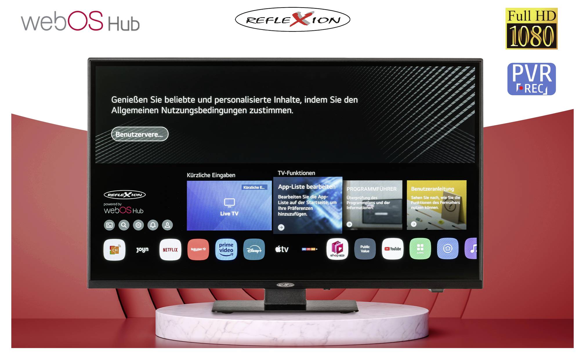 Werbegrafik für einen Reflexion webOS Hub Fernseher mit Startbildschirm; zeigt Apps, Live-TV und Funktionen sowie Logos für Full HD 1080 und PVR Record.