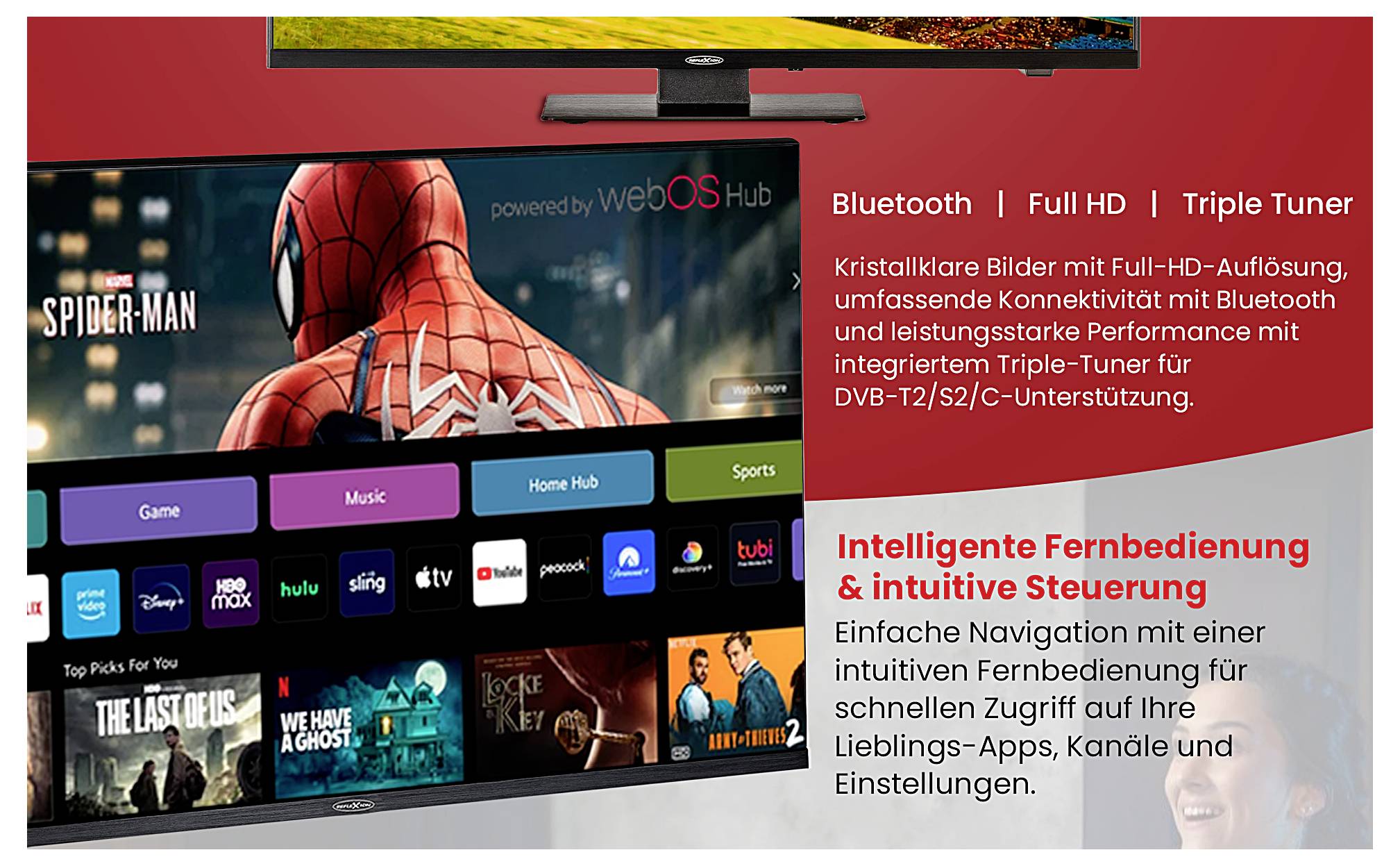 Werbebild für einen LG-Fernseher mit Spider-Man-Inhalt und Startmenü; bewirbt Bluetooth, Full HD und Triple Tuner sowie einfache, intelligente Fernbedienung.
