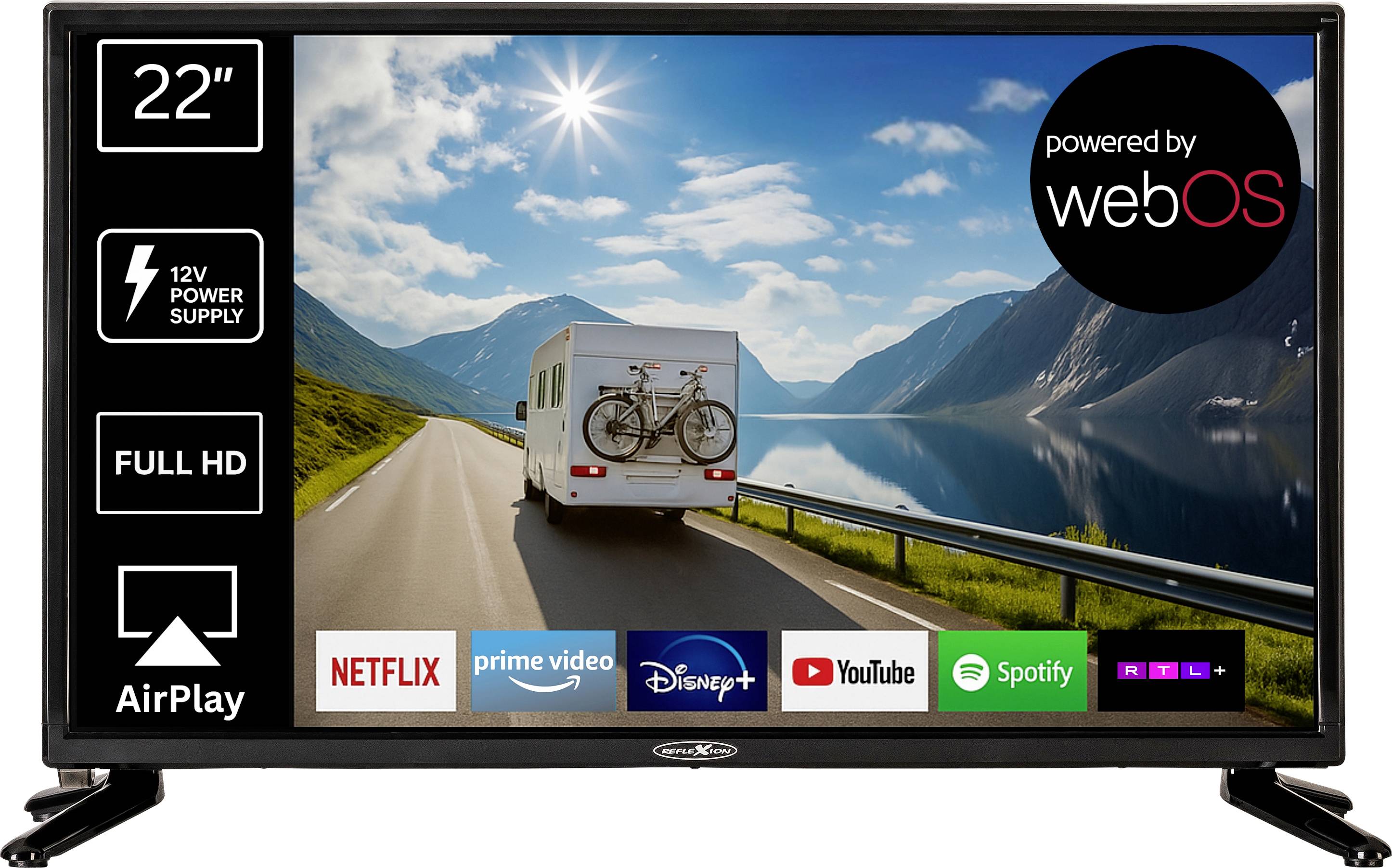 Ein 22-Zoll-HD-Fernseher zeigt eine landschaftliche Straße mit einem Wohnmobil. Icons für Streaming-Apps wie Netflix, Prime Video und Disney+ sind zu sehen.