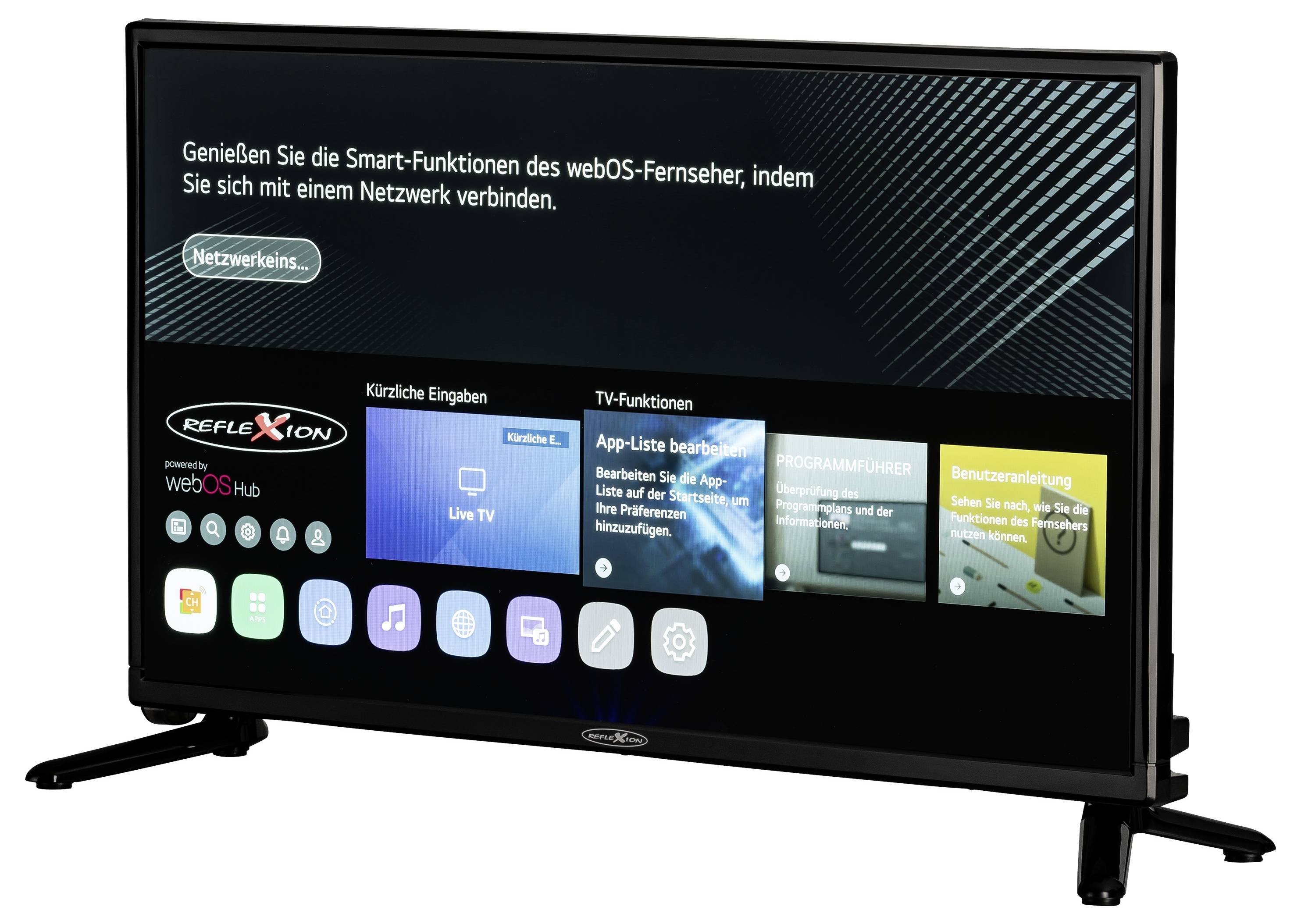 Ein Fernseher mit einem Bildschirmmenü. Oben steht: 'Genießen Sie die Smart-Funktionen des webOS-Fernsehers, indem Sie sich mit einem Netzwerk verbinden.'