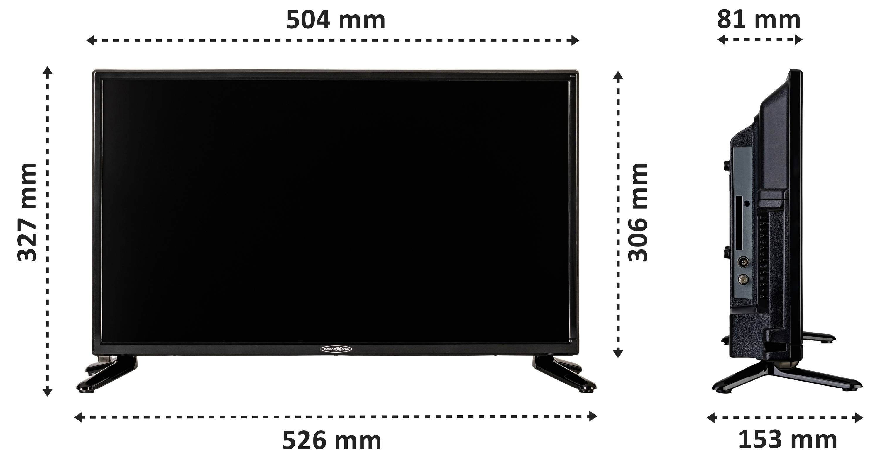 Fernseher-Abmessungen: Frontansicht ist 526 mm breit, 327 mm hoch; Seitenansicht ist 81 mm tief. Bildschirmbreite ist 504 mm, Höhe ist 306 mm.