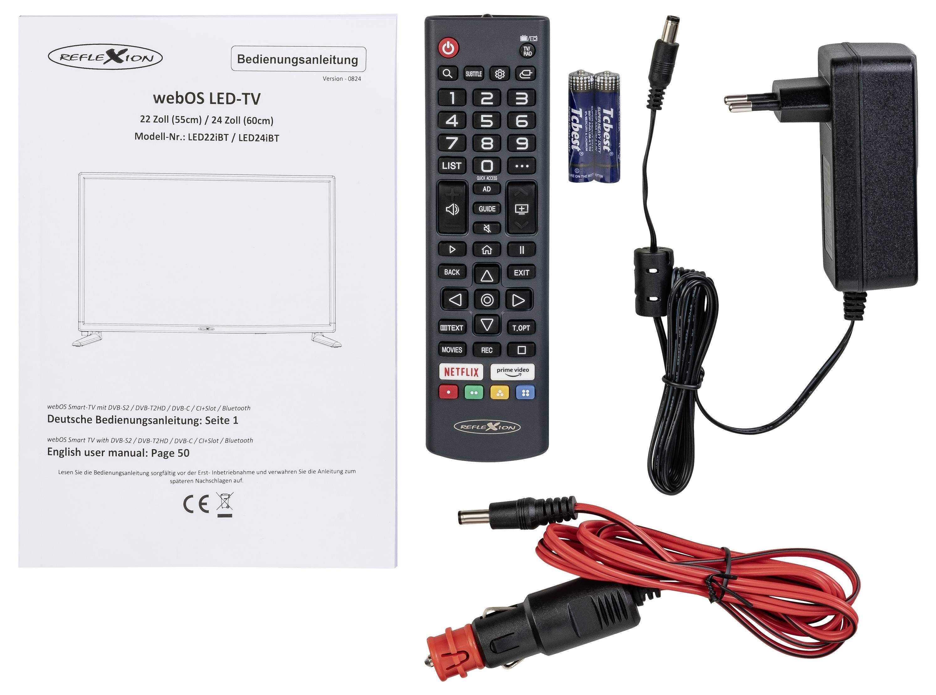 Ein Fernseher-Fernbedienung, Netzadapter, Batterien und Kabel werden zusammen mit einer Schnellstartanleitung für ein 'webOS LED-TV'-Modell gezeigt.