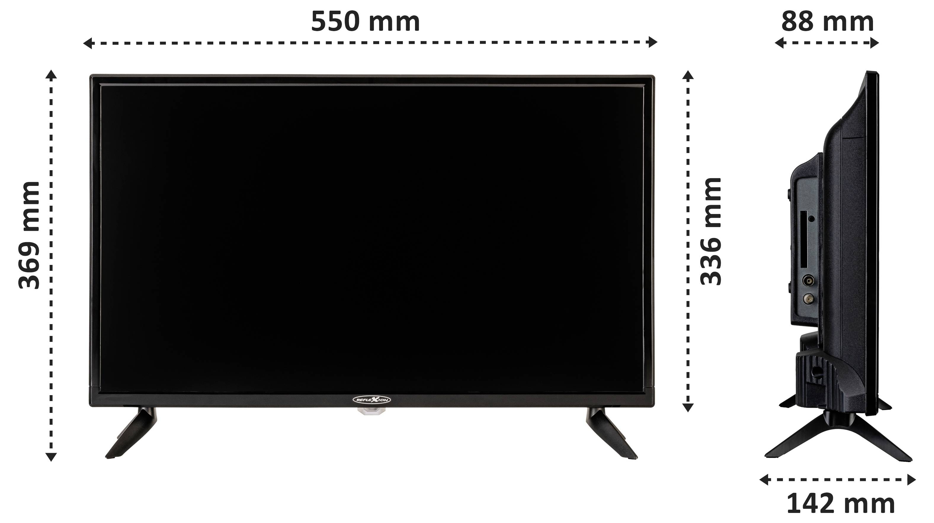 Diagramm eines Flachbildfernsehers mit Vorder- und Seitendarstellung: 550 mm Breite, 369 mm Höhe, 88 mm Tiefe und 142 mm Sockelbreite.