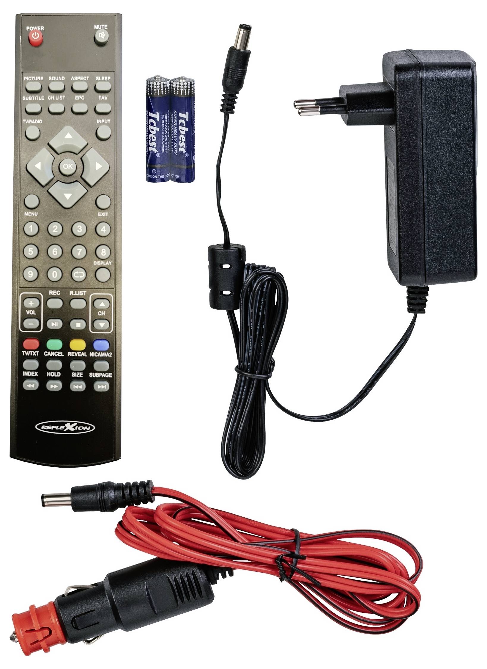 Fernbedienungs-Set mit Batterien, Netzteil für die Wandmontage und 12V-Autolader-Kabel auf weißem Hintergrund.