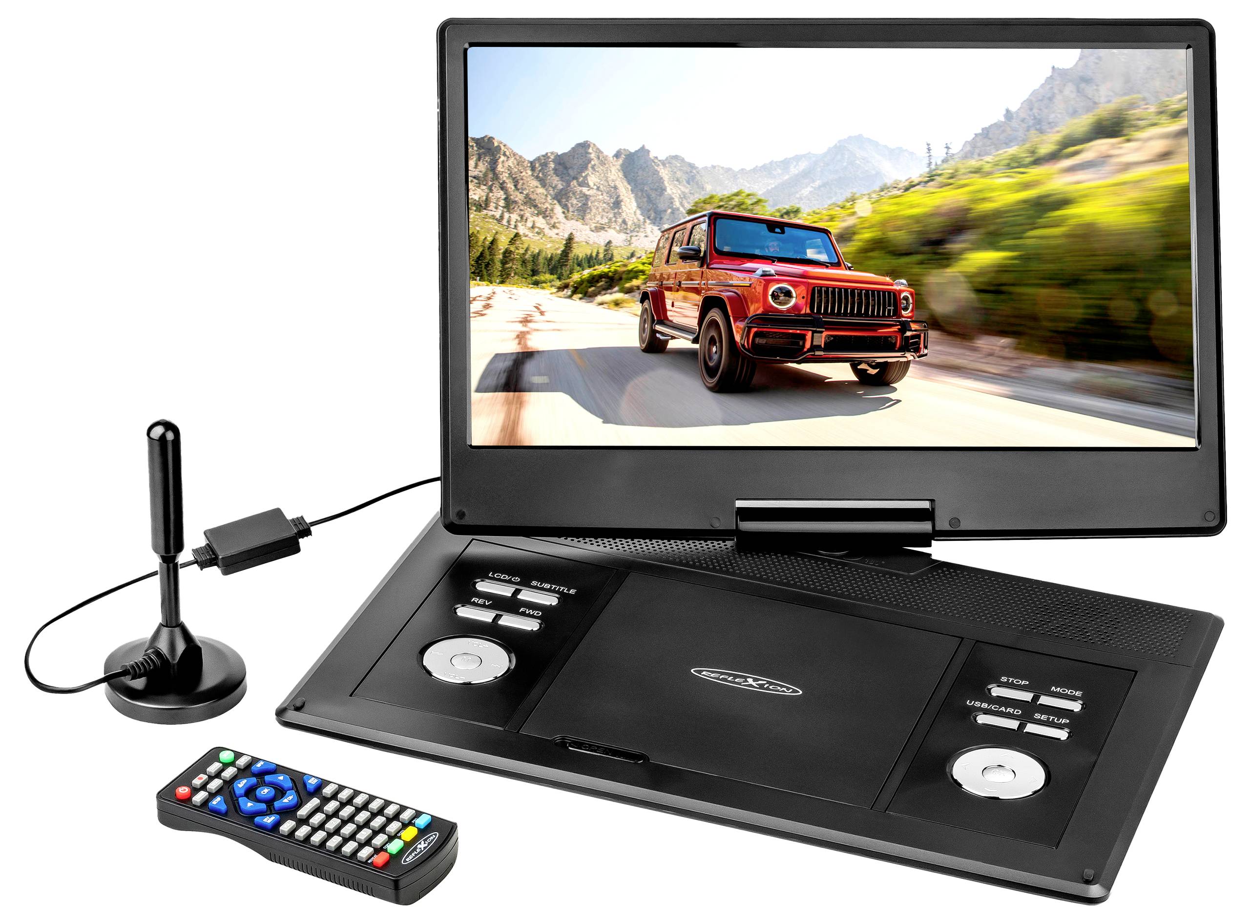 Tragbarer DVD-Player mit integriertem Bildschirm, auf dem ein rotes SUV auf einer Bergstraße fährt, mit Fernbedienung und Antenne daneben.