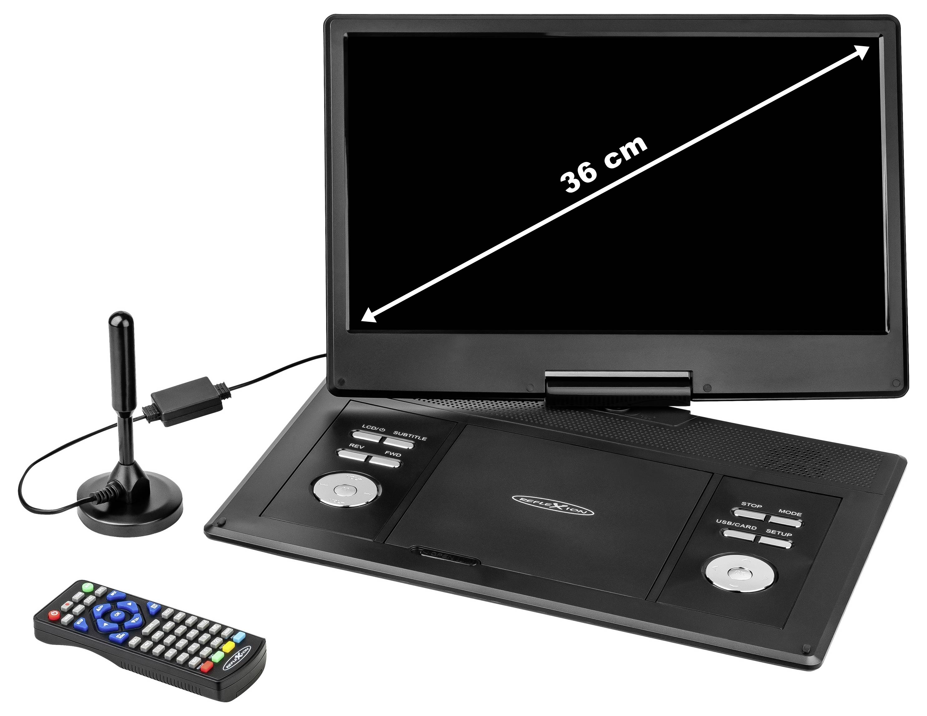 Tragbarer DVD-Player mit 36-cm-Bildschirm, offen dargestellt, mit Fernbedienung und Antenne, was ein kompaktes Medienwiedergabegerät andeutet.