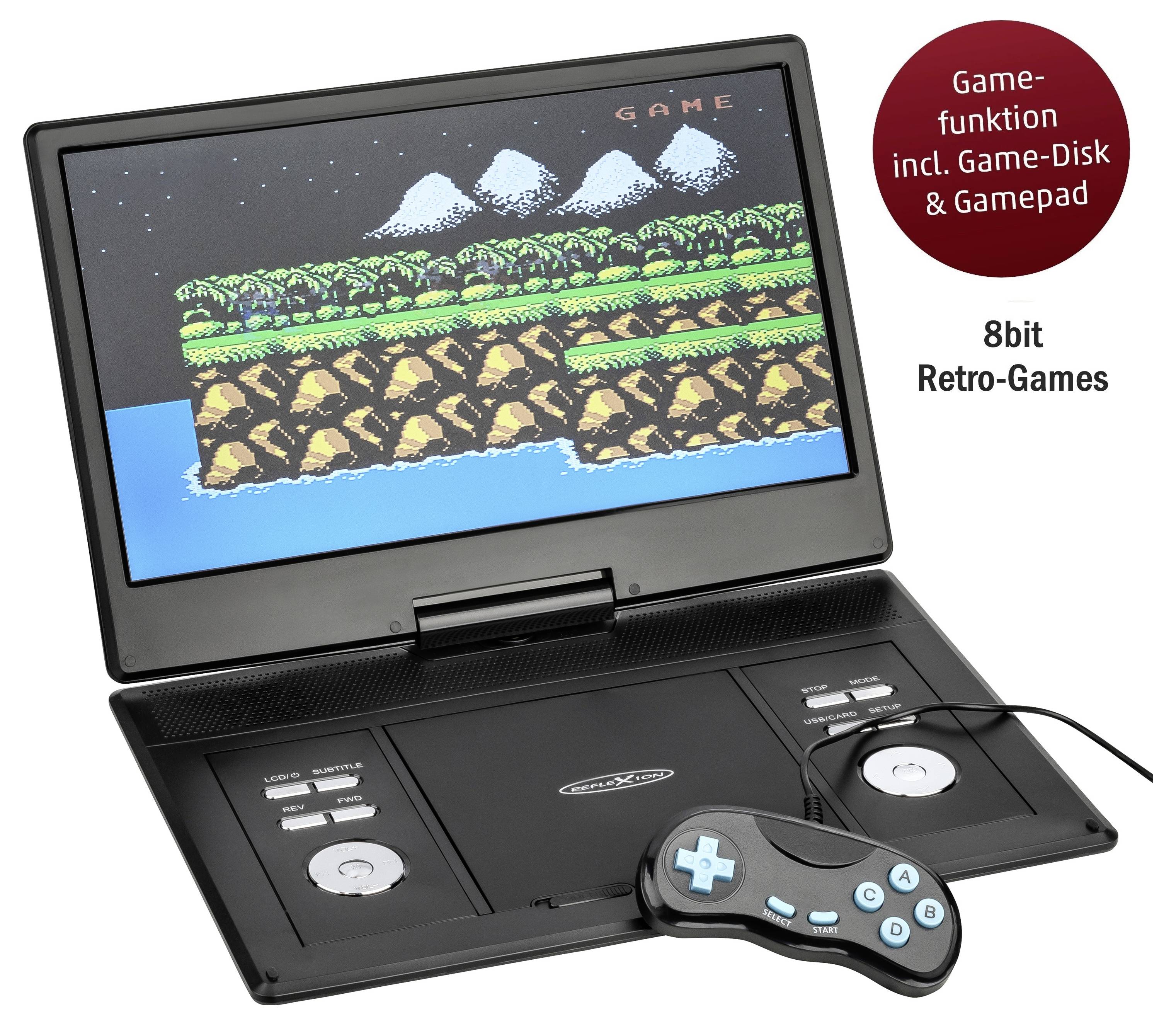 Mobiler Retro-Spieler mit Bildschirm zeigt 8-Bit-Game; dazu Gamepad und Hinweis auf Game-Funktion inkl. Disk.