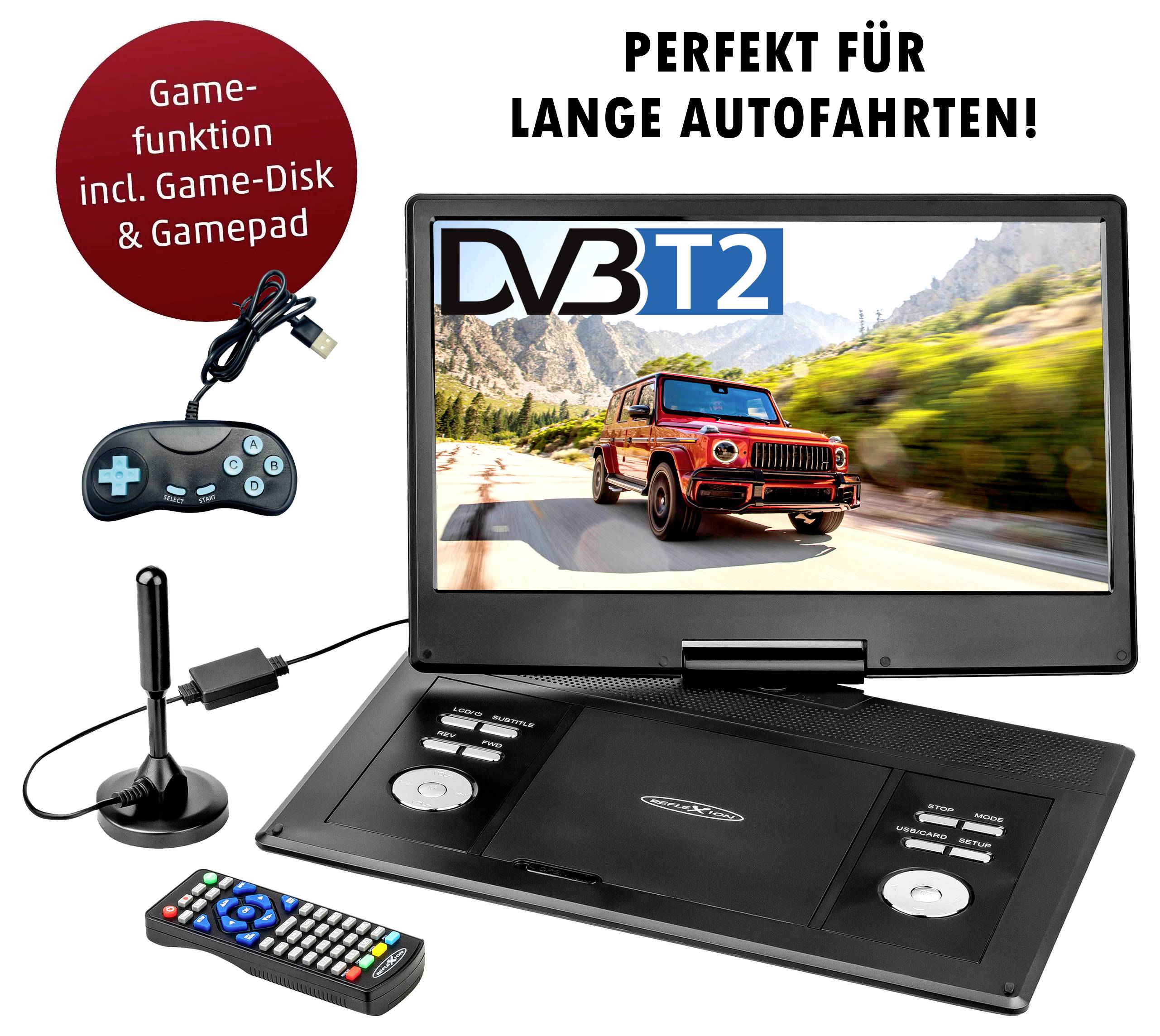 Tragbarer DVD-Player mit Bildschirm, zeigt Auto und 'DVB T2'; Zubehör: Gamepad, Antenne und Fernbedienung. Text: 'Perfekt für lange Autofahrten!'