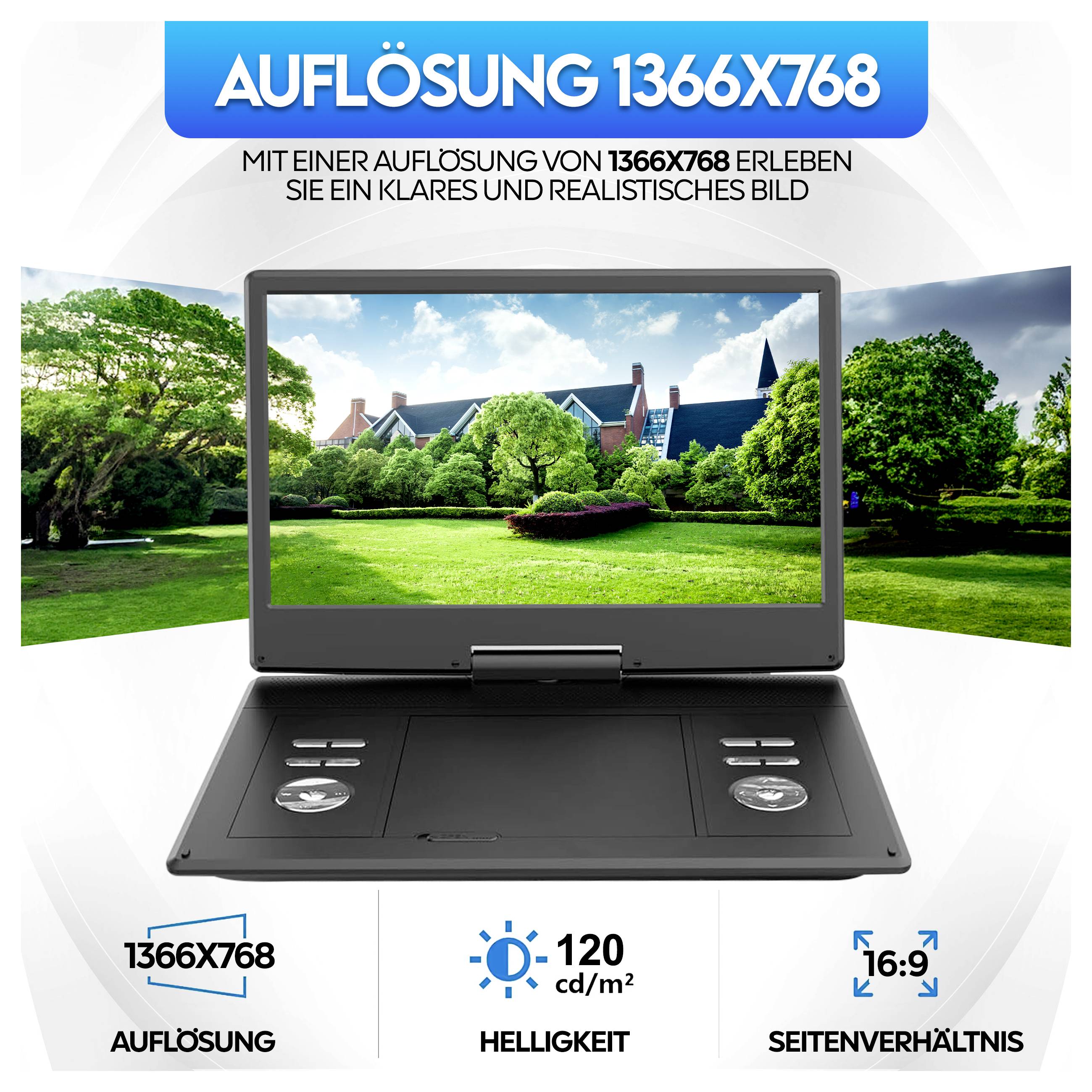 Werbebild eines Laptops mit der Aufschrift 'AUFLÖSUNG 1366X768'; unten werden '120 cd/m²' Helligkeit und '16:9' Seitenverhältnis gezeigt.