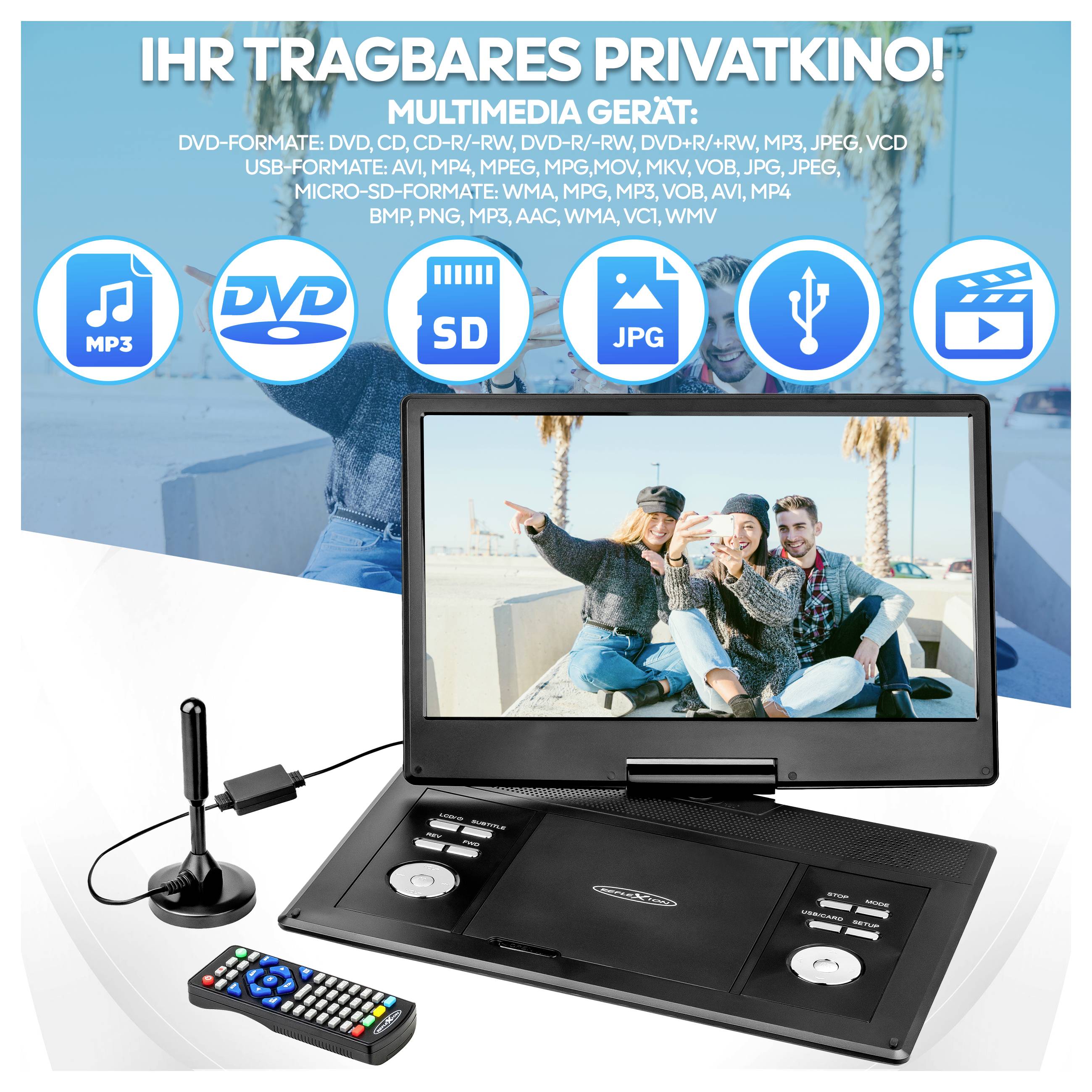 Werbegrafik eines tragbaren Multimedia-Players mit Bildschirm, Antenne und Fernbedienung; oben stehen 'Ihr tragbares Privatkino' und unterstützte Formate/Anschlüsse wie DVD, USB, SD, MP3 und JPG.