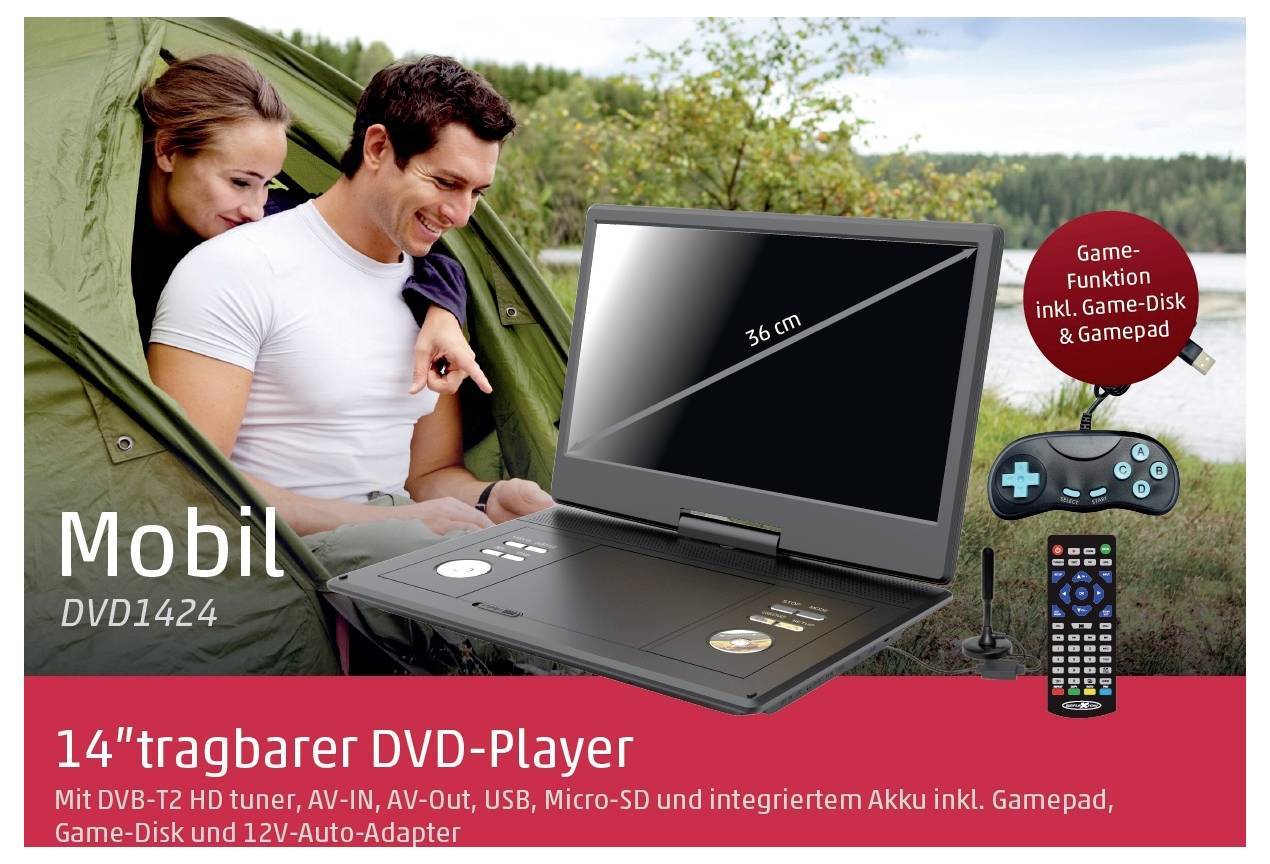 Werbegrafik eines tragbaren 14-Zoll-DVD-Players 'Mobil DVD1424' mit aufgeklapptem Gerät, Fernbedienung und Gamepad; Hinweis auf 'Game-Funktion' und 36 cm Bildschirm.