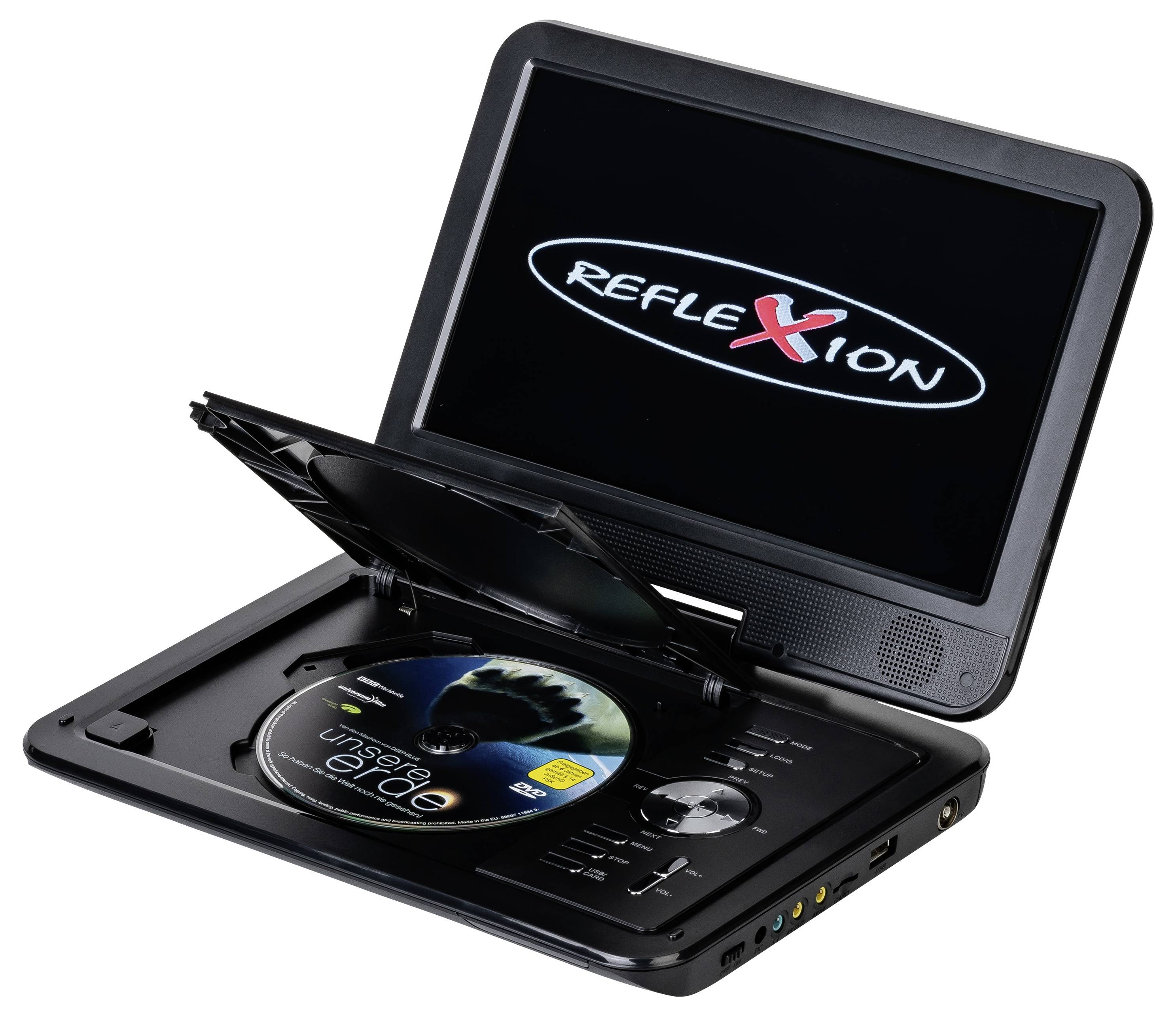 Tragbarer DVD-Player offen mit einer Disc im Inneren; der Bildschirm zeigt das Logo 