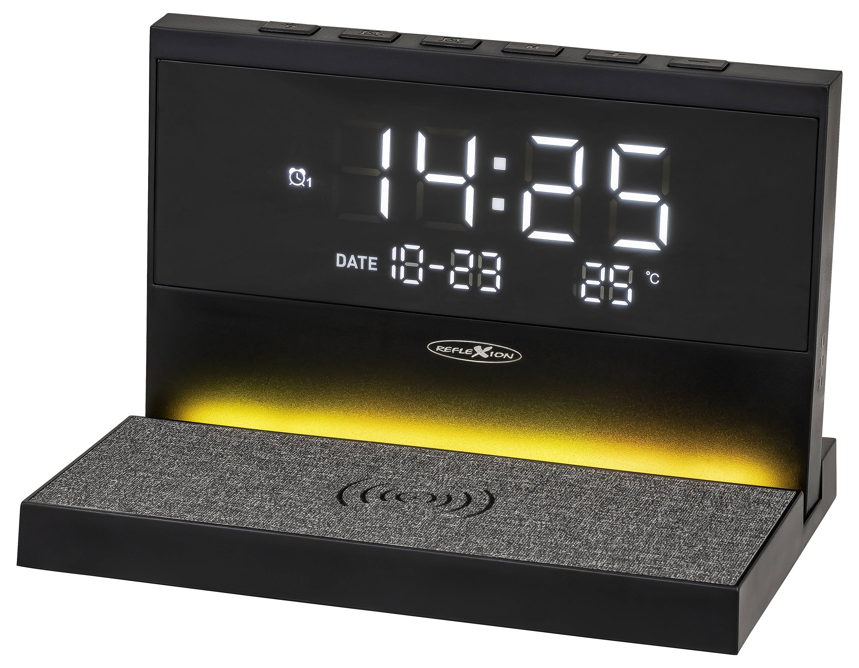 Schwarze digitale Wecker mit drahtlosem Ladegerät, zeigt 14:25, Datum 18-23 und 28°C auf dem Display.