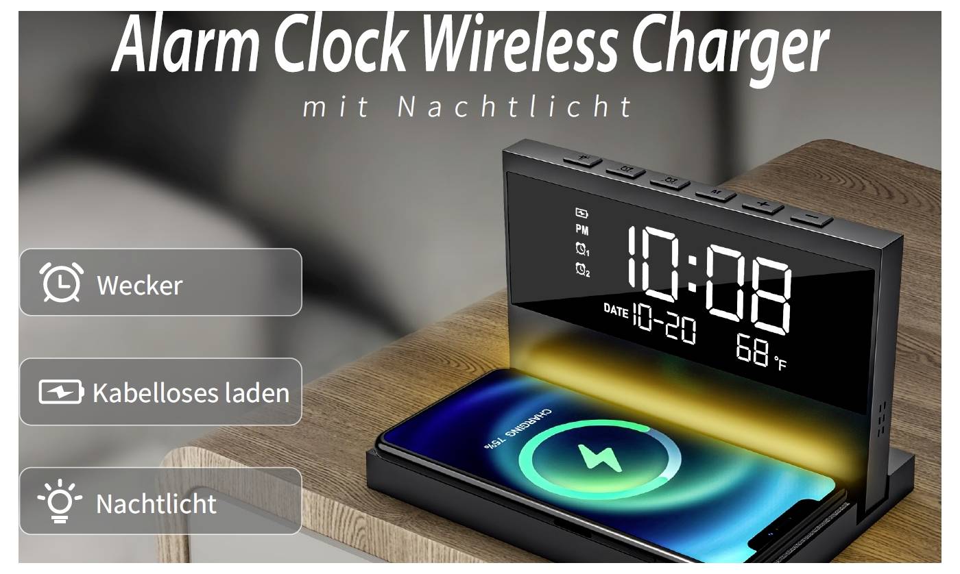 Werbeabbildung eines digitalen Wecker-Laders mit kabellosem Ladepad und Nachtlicht; Display zeigt 10:08, 10-20 und 68 °F.