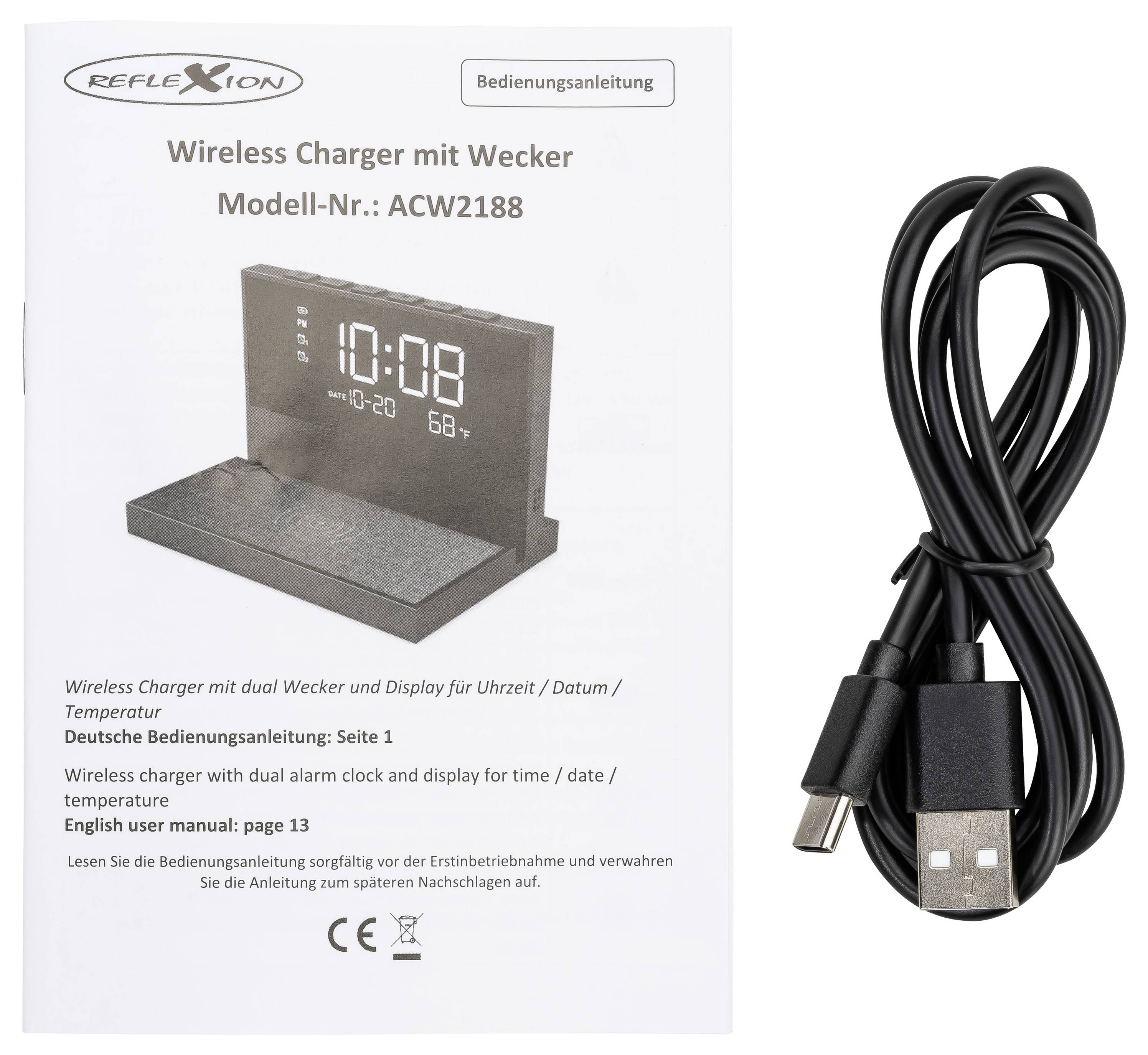 Produktbild: Bedienungsanleitung zum Wireless Charger mit Wecker Modell ACW2188 und daneben ein USB-Ladekabel.