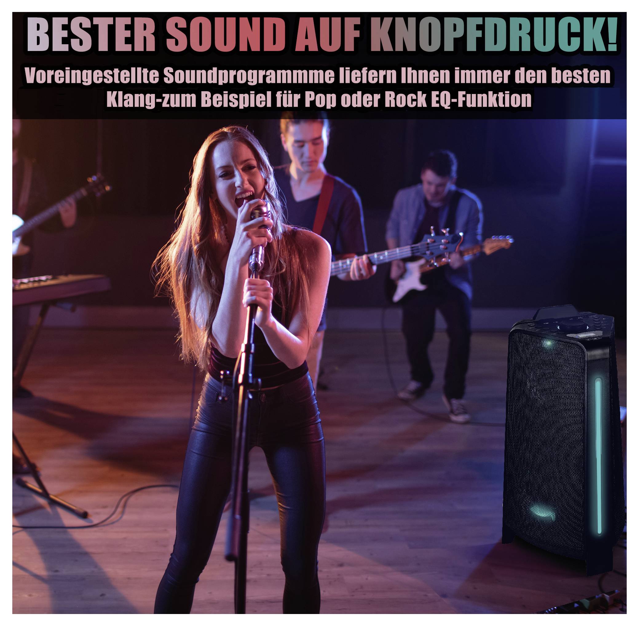Band spielt live auf Bühne; Sängerin am Mikrofon, Lautsprecher rechts. Text: 'BESTER SOUND AUF KNOPFDRUCK!' und Hinweis auf voreingestellte Soundprogramme.