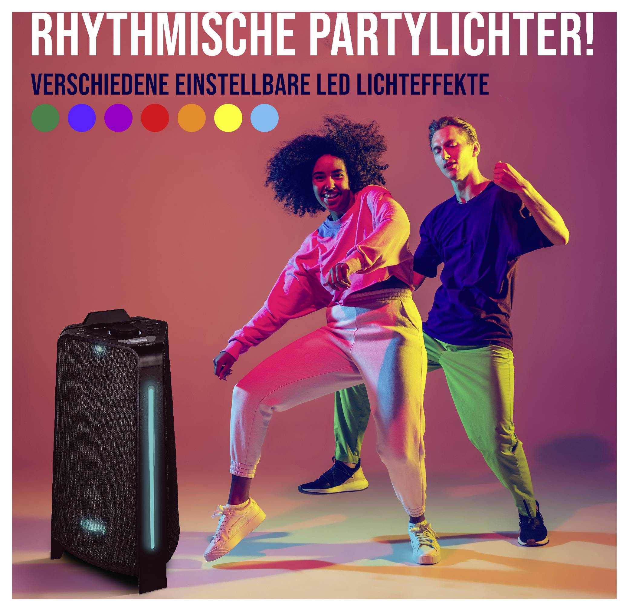 Werbung für den Rhythmuslautsprecher 'RHYTHMISCHE PARTYLICHTER!' mit einstellbaren LED-Lichteffekten; zwei tanzende Personen neben dem Lautsprecher.