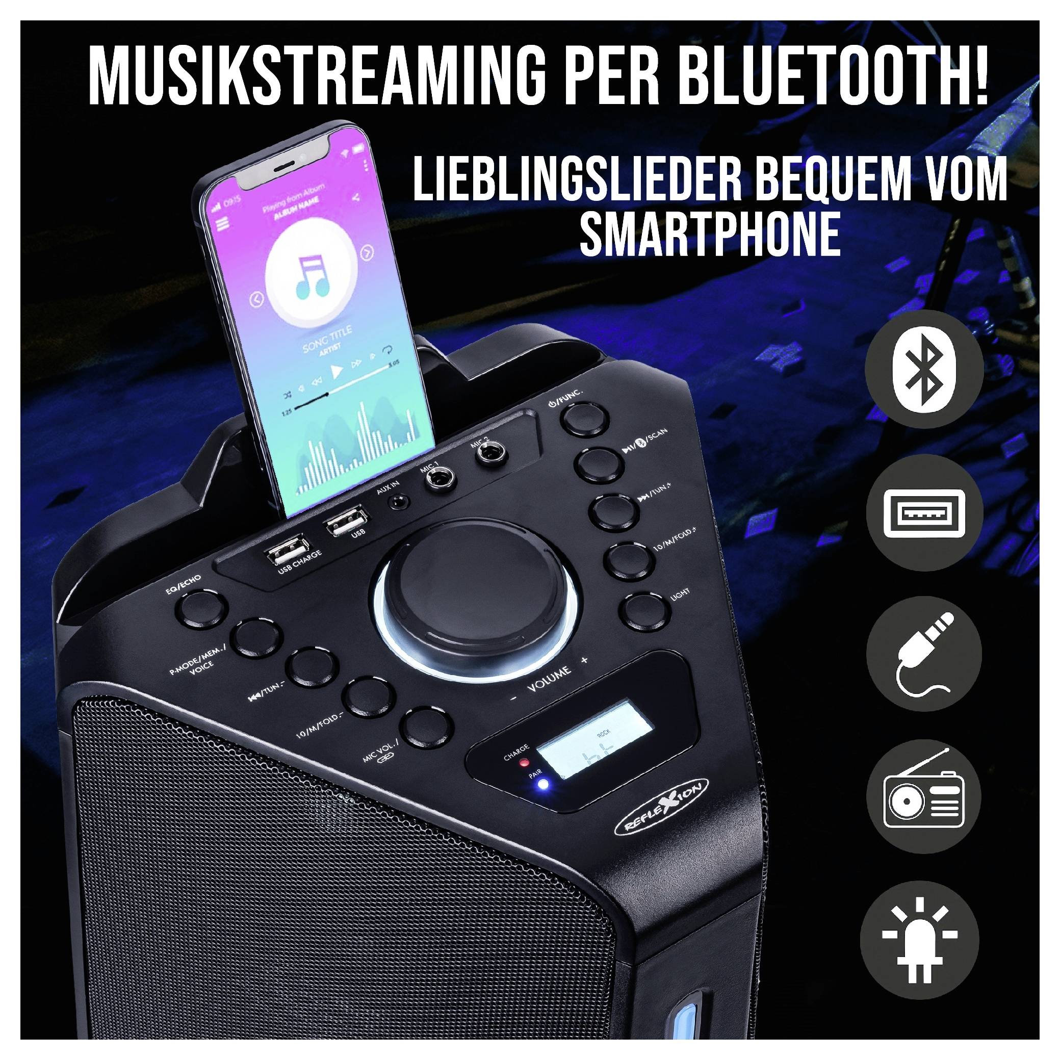Werbegrafik eines tragbaren Lautsprechers mit Smartphone: 'Musikstreaming per Bluetooth!' und 'Lieblingslieder bequem vom Smartphone'; Symbole für Bluetooth, USB, Kabel, Radio und Beleuchtung.