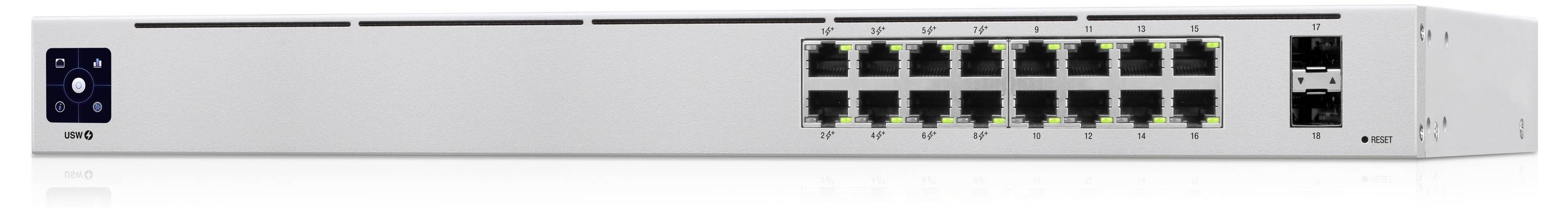 Ein silberner Netzwerk-Switch mit 16 Ethernet-Ports und Anzeigelampen; rechts ein SFP-Modul, von vorne betrachtet.
