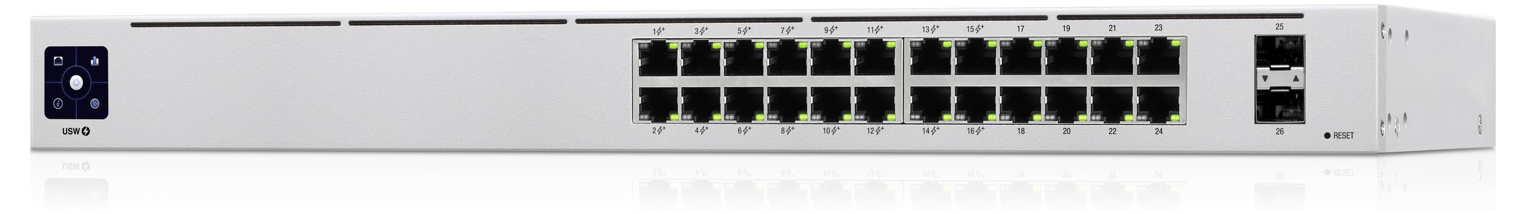 Ein Netzwerk-Switch mit 24 Ethernet-Ports und 4 SFP-Ports auf der rechten Seite. Rechteckig und metallisch, für den Einbau in Serverracks in Rechenzentren konzipiert.