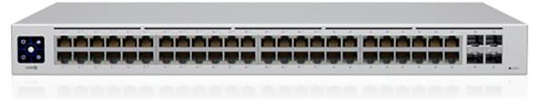 Ein Netzwerk-Switch mit 48 Ethernet-Ports und 4 SFP-Ports auf der rechten Seite, der typischerweise zur Verwaltung des Datenflusses in Netzwerken verwendet wird.