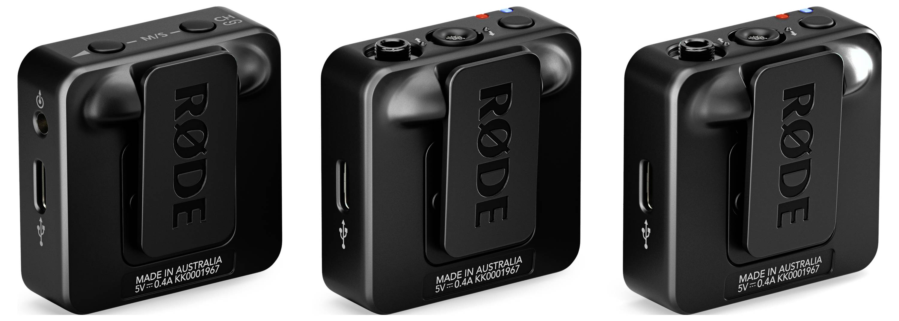 Drei schwarze drahtlose Mikrofone der Marke Rode, nebeneinander platziert. Sie haben kompakte Designs mit einem sichtbaren USB-Anschluss.