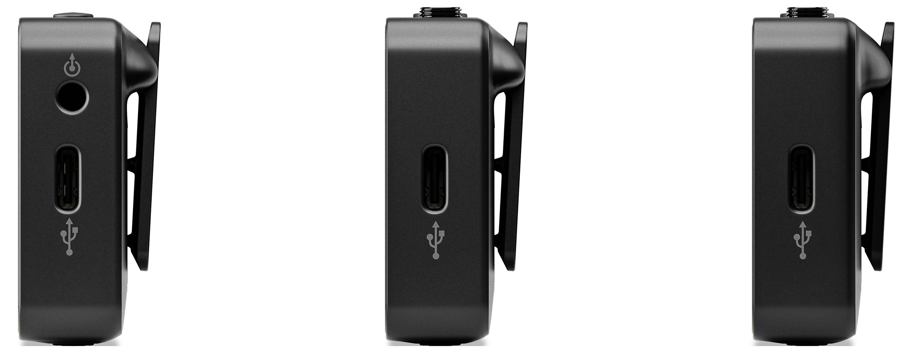 Drei schwarze elektronische Geräte mit USB-C-Anschlüssen und Power-Symbolen auf der Vorderseite, nebeneinander aufgereiht.