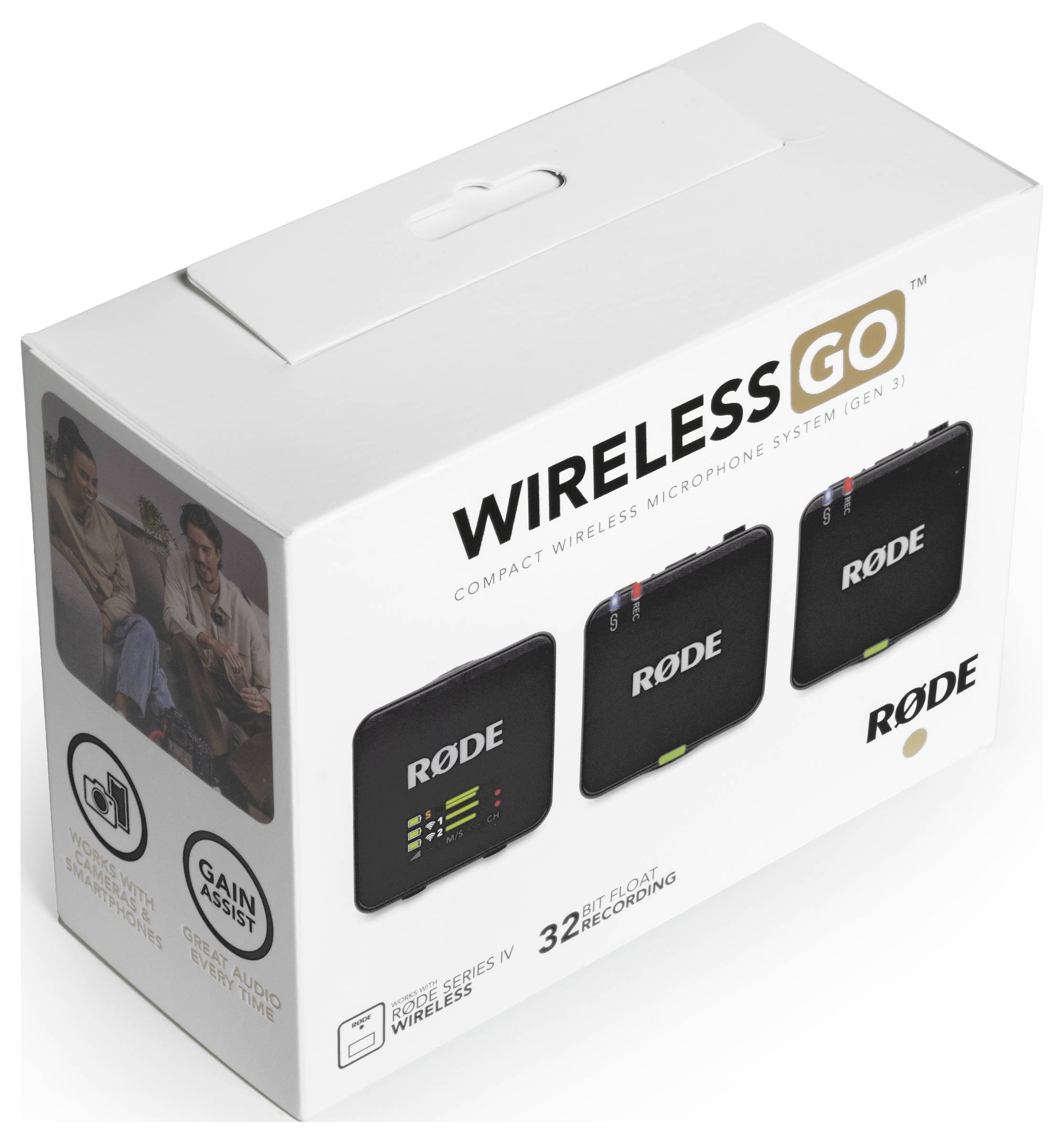 'Wireless GO' Mikrofon-System von Rode in weißer Verpackung. Enthält zwei Sender und einen Empfänger. Kompakt und für drahtlose Aufnahmen.