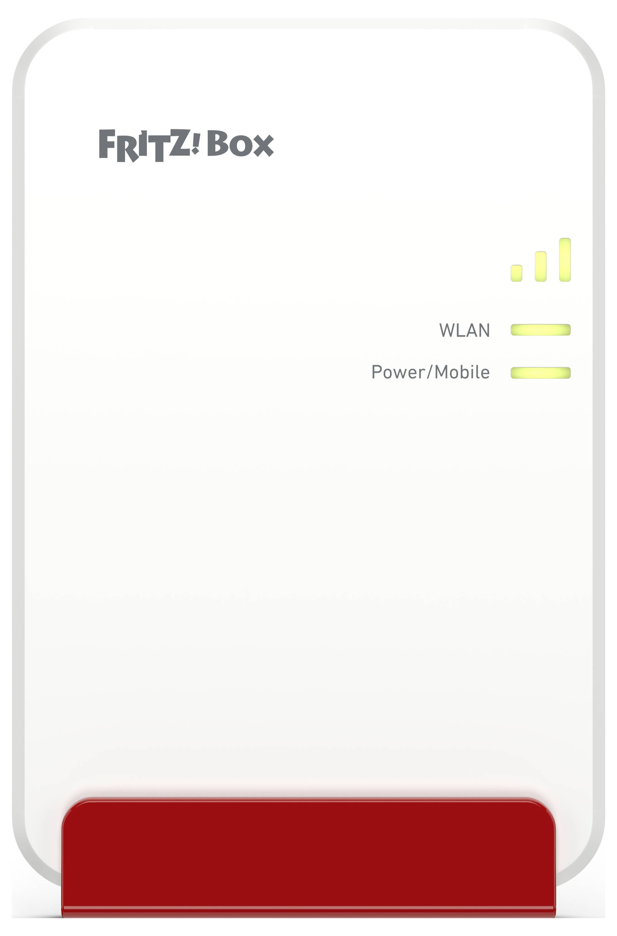 FRITZ!Box Router mit leuchtenden WLAN- und Power/Mobile-Anzeigen auf weißem Gehäuse, rote Basis, leuchtende grüne Linien.
