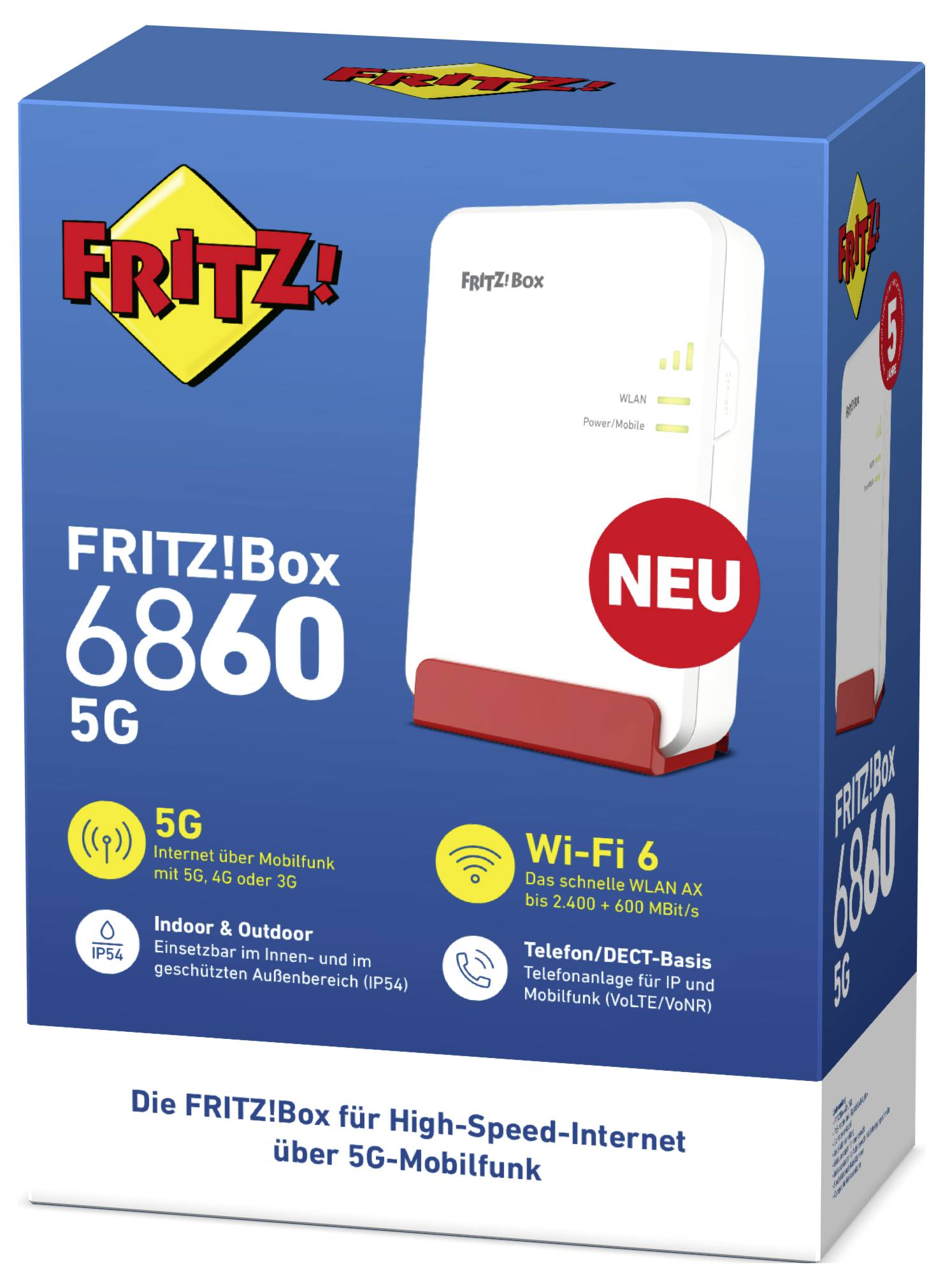 Weiße FRITZ!Box 6860 5G auf blauem Hintergrund. Texte zu 5G, Wi-Fi 6 und IP54 Schutz. Roter 'NEU'-Button. Verpackung zeigt Funktionen.