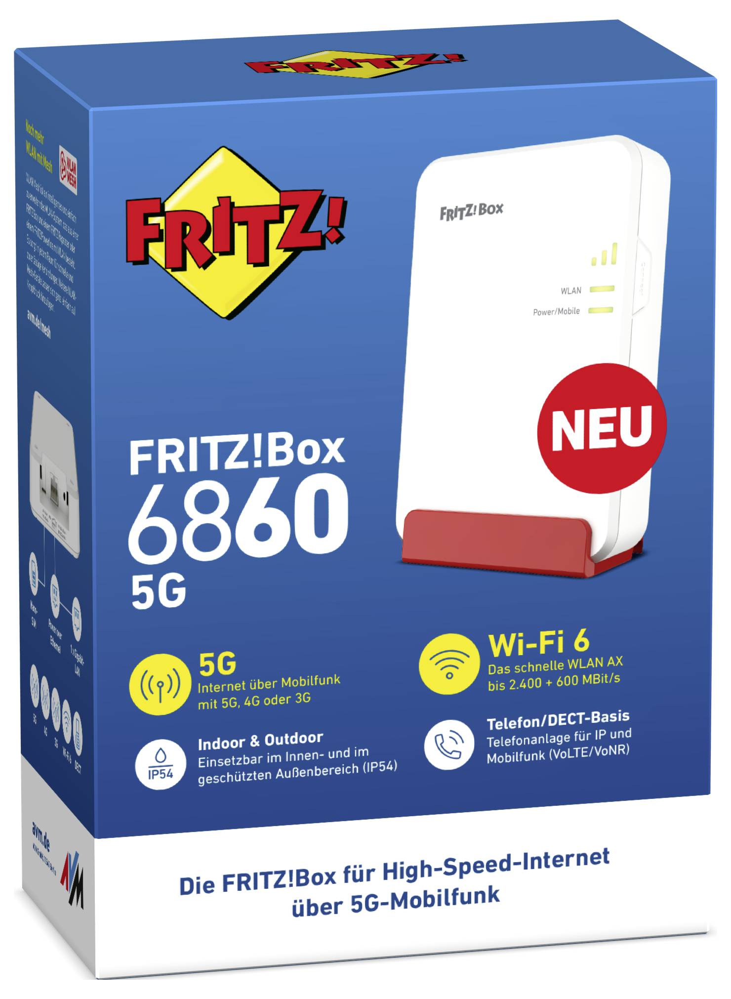 Eine Verpackung zeigt die FRITZ!Box 6860 5G mit Funktionen wie 5G-Unterstützung, Wi-Fi 6, Telefon-Basis und Indoor/Outdoor-Nutzung.