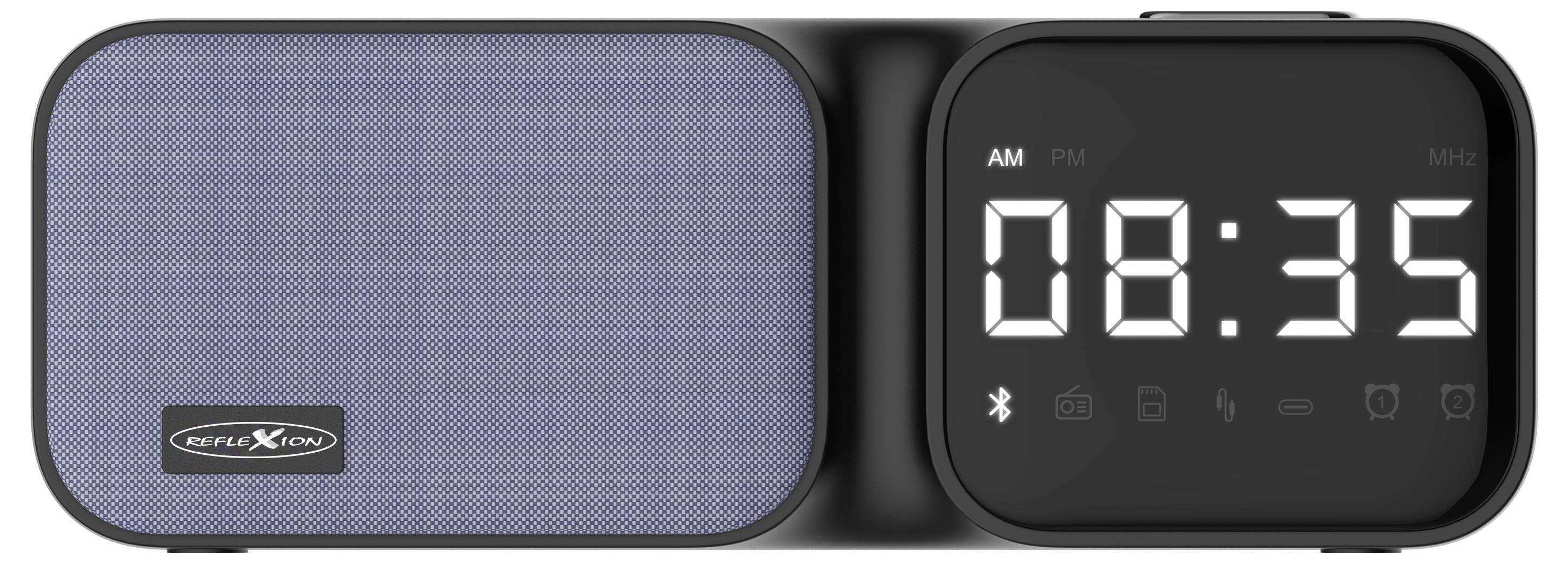 Wecker mit blauem Lautsprecher und digitaler Anzeige, die '08:35' sowie Symbole für Bluetooth und Weckfunktionen zeigt.