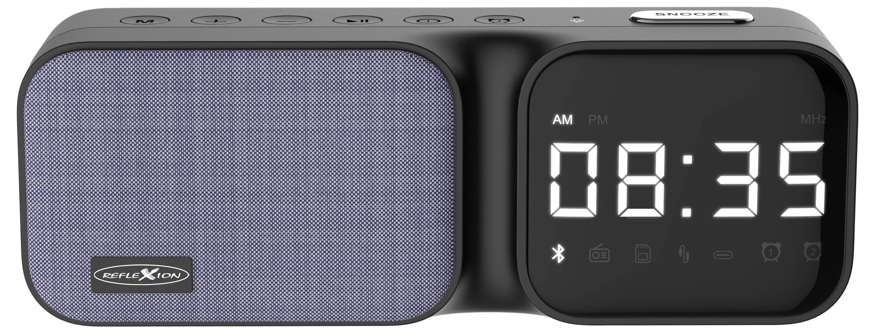 Digitaler Funk-Wecker mit Bluetooth-Lautsprecher. Anzeige zeigt 08:35 AM. Tasten oben für verschiedene Funktionen.