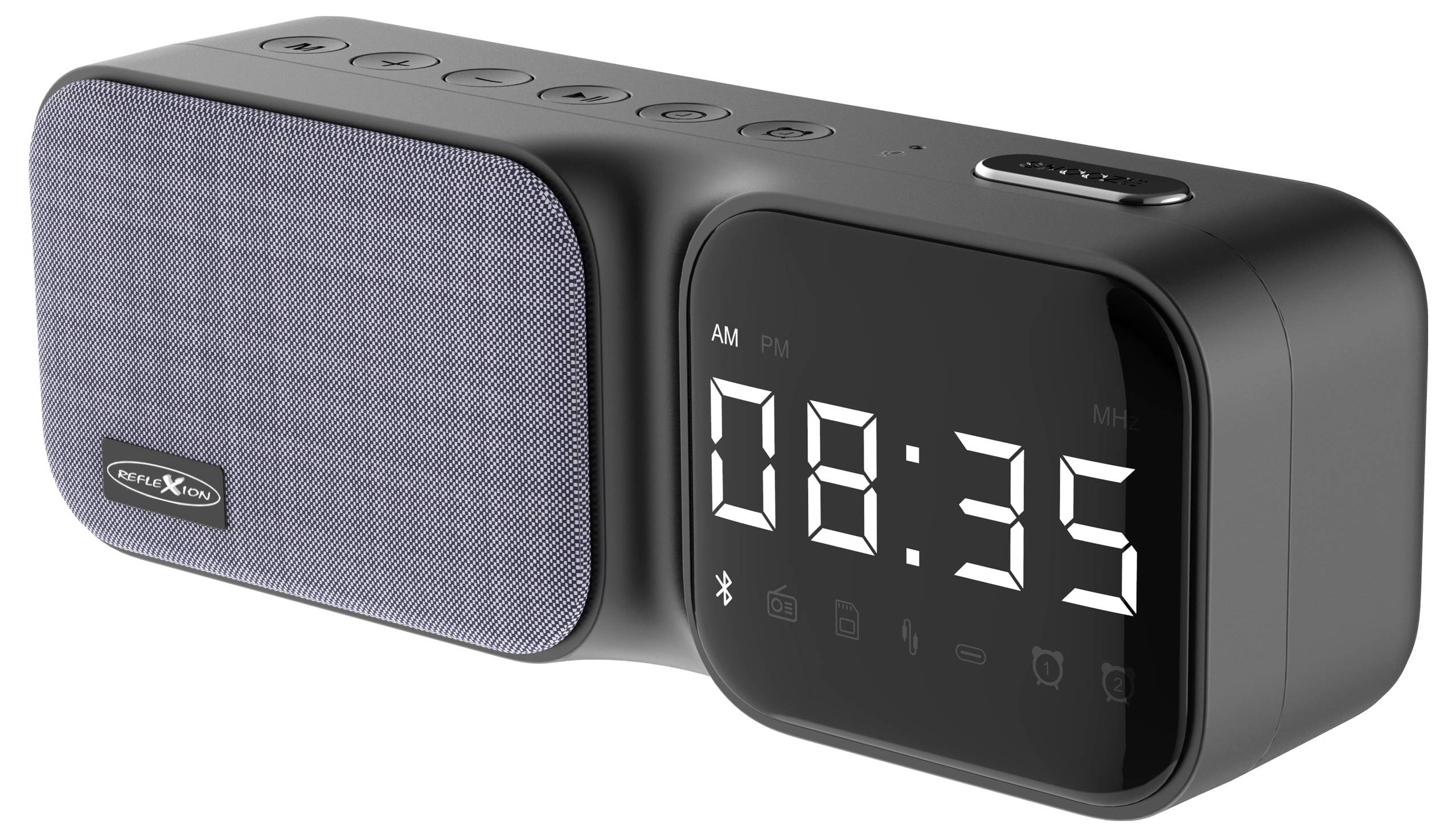 Digitaluhr mit Bluetooth-Lautsprecher, Zeitanzeige '08:35', zeigt Verbindungs- und Lautstärkesymbole, rechteckiges Design.