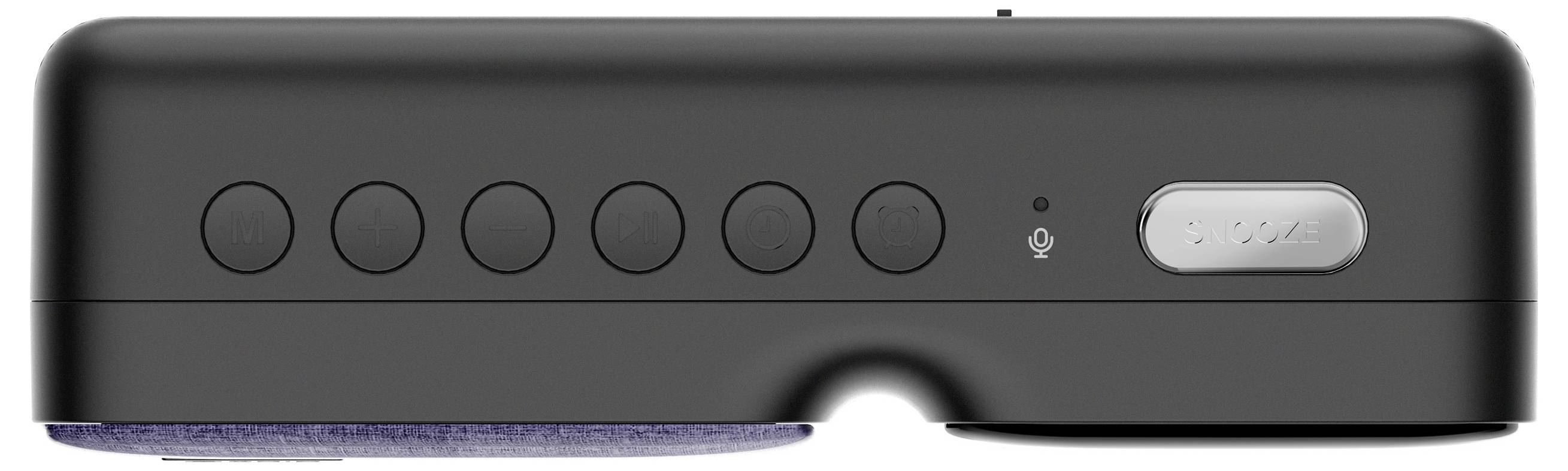Schwarzer, rechteckiger Lautsprecher mit mehreren runden Tasten auf der Oberseite und einem rechteckigen Knopf rechts.