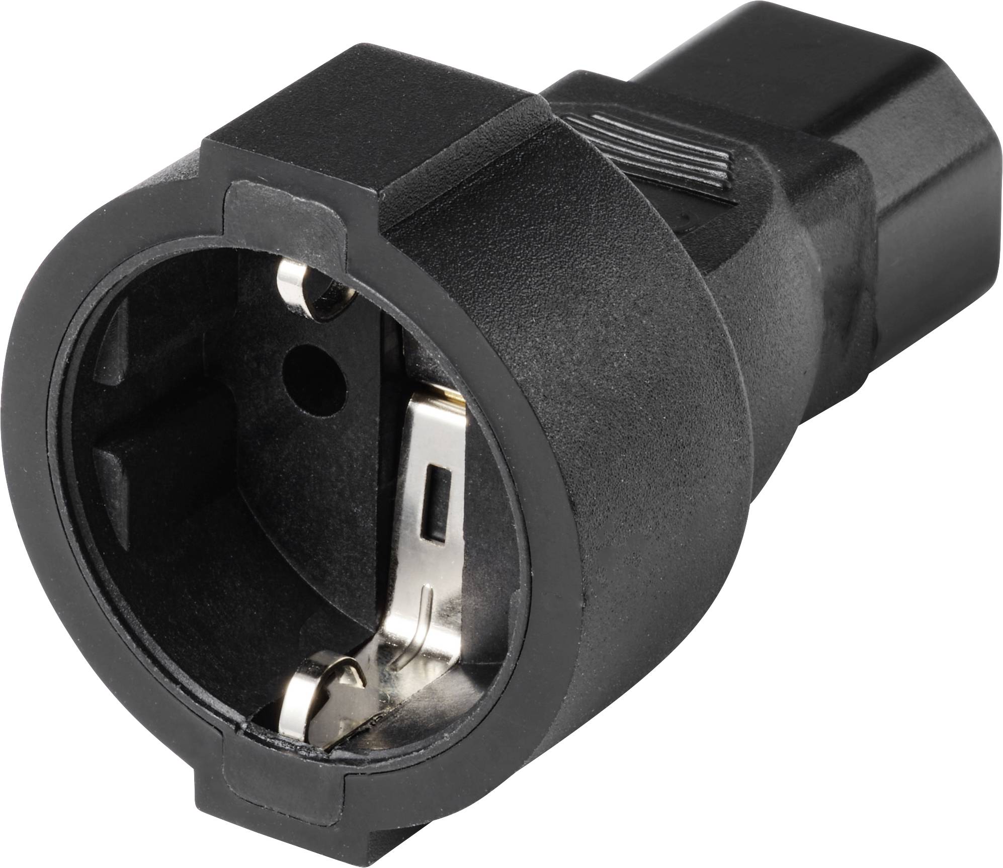 Schwarzer Steckdosenadapter mit abgerundetem Design und Metallelementen im Inneren, ermöglicht die Verbindung zweier verschiedener Steckertypen.