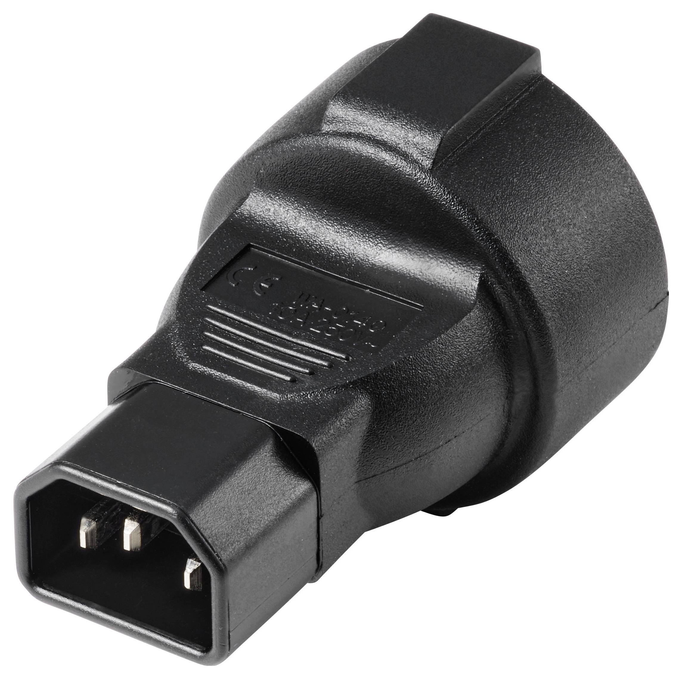 Ein schwarzer IEC C14 auf C7 Adapter, der zur Verbindung von Geräten mit unterschiedlichen Netzsteckertypen verwendet wird.