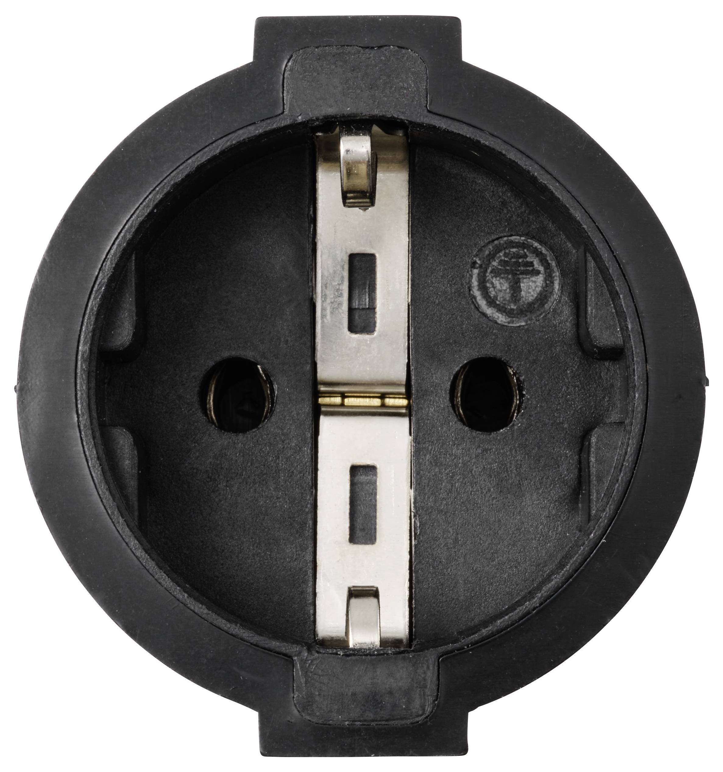 Eine runde schwarze Steckdose mit zwei vertikalen Schlitzen und einem Erdungsloch, von vorne betrachtet.