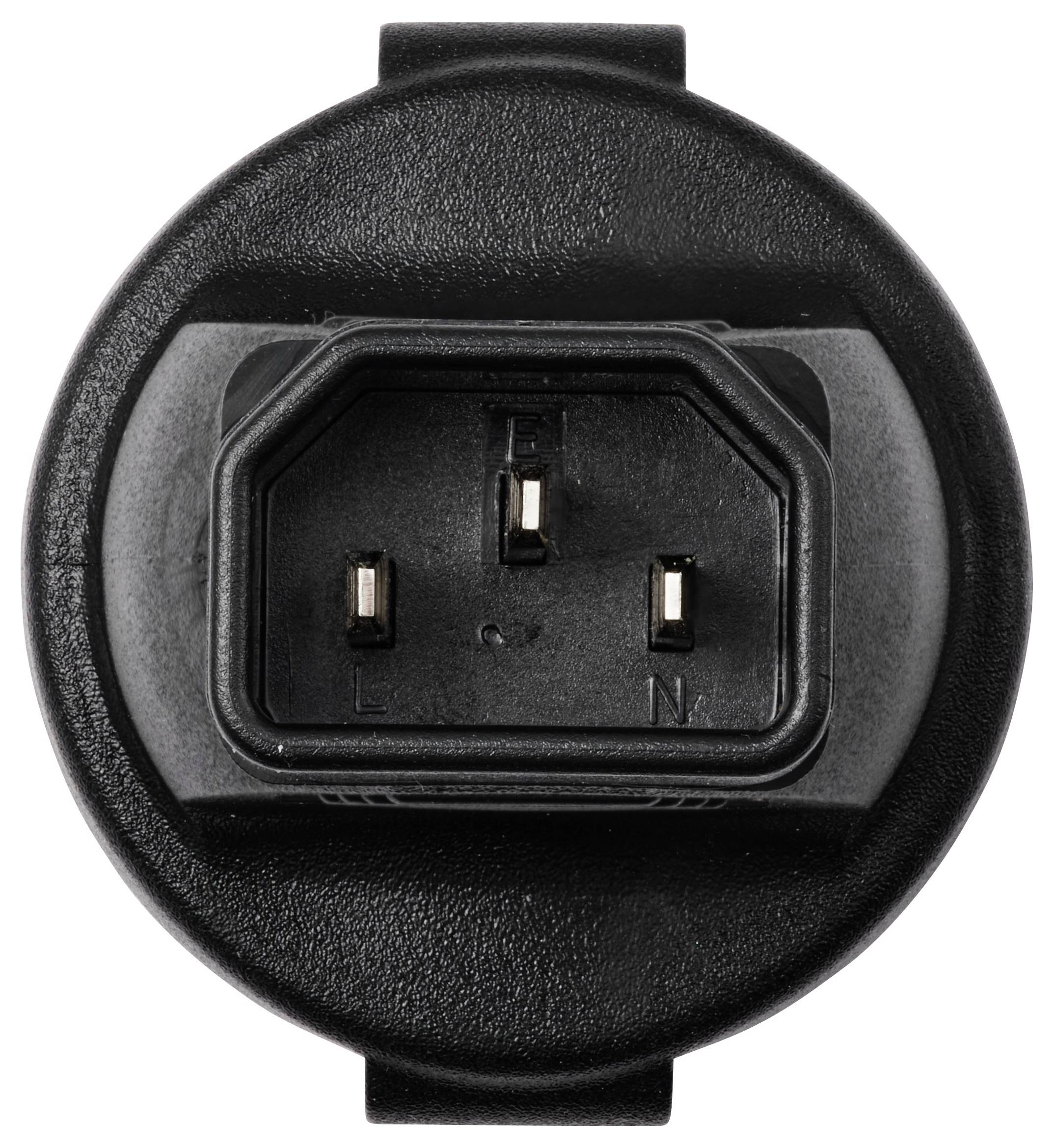 Runder schwarzer Steckdoseneinsatz mit drei Metallpins, beschriftet mit 'E', 'N', 'L', für den elektrischen Anschluss.