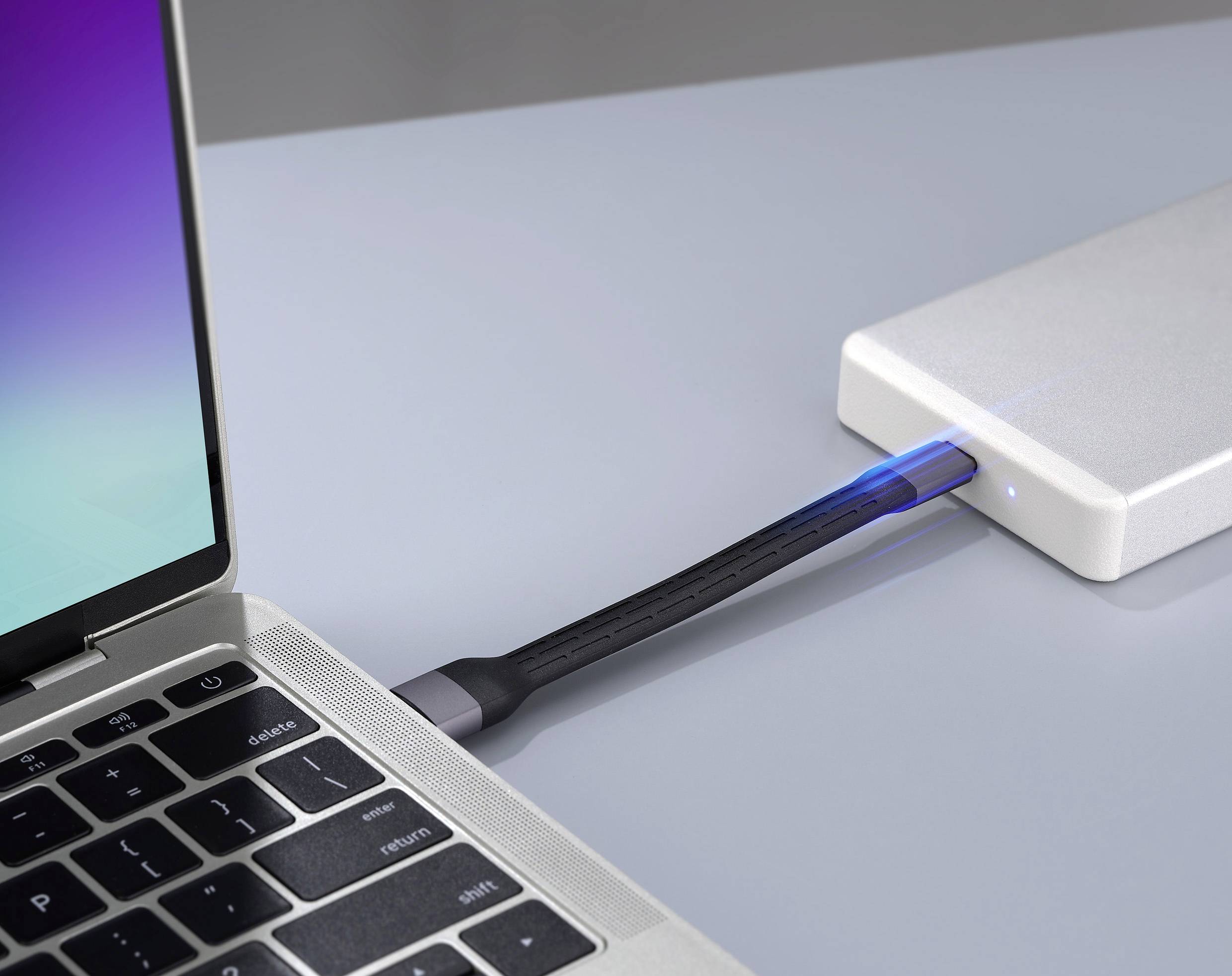 Ein Laptop ist mit einer externen Festplatte über ein USB-Kabel verbunden. Eine blaue Kontrollleuchte zeigt die aktive Verbindung an.