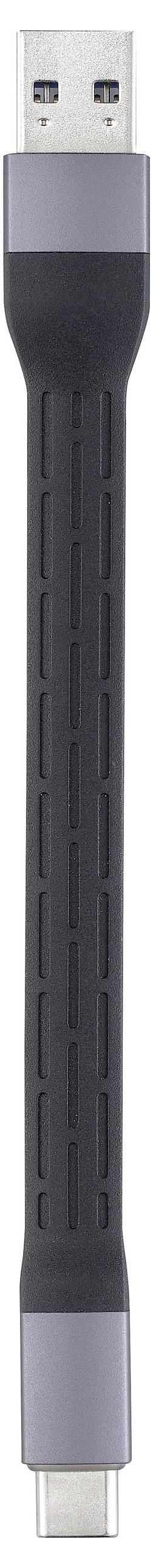 Ein USB-Kabel mit einem USB-A-Stecker am oberen Ende und einem USB-C-Stecker am unteren Ende, verbunden durch ein kurzes, schwarzes Kabelstück.