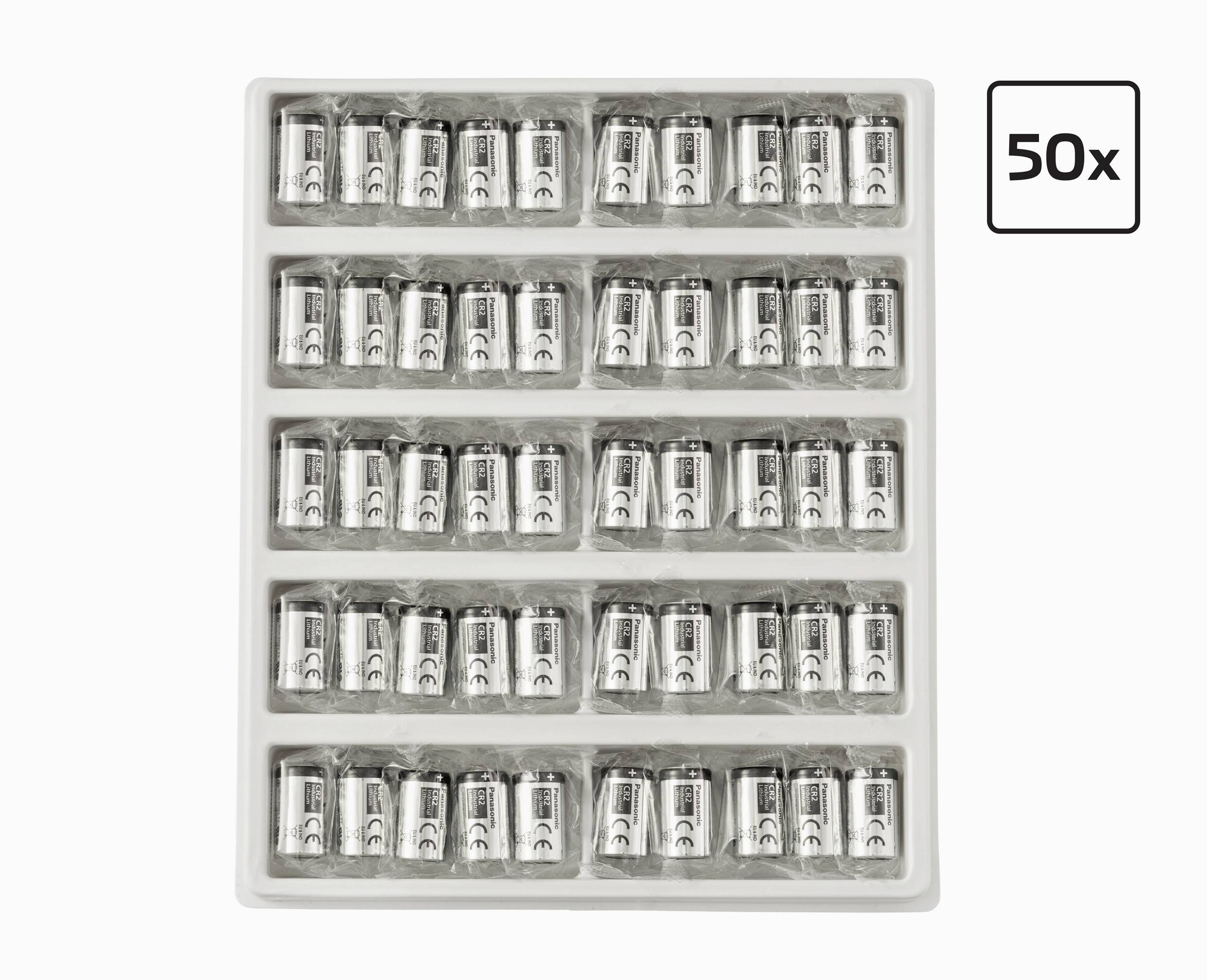 Tablett mit 50 kleinen zylindrischen Batterien, die in Reihen angeordnet sind.