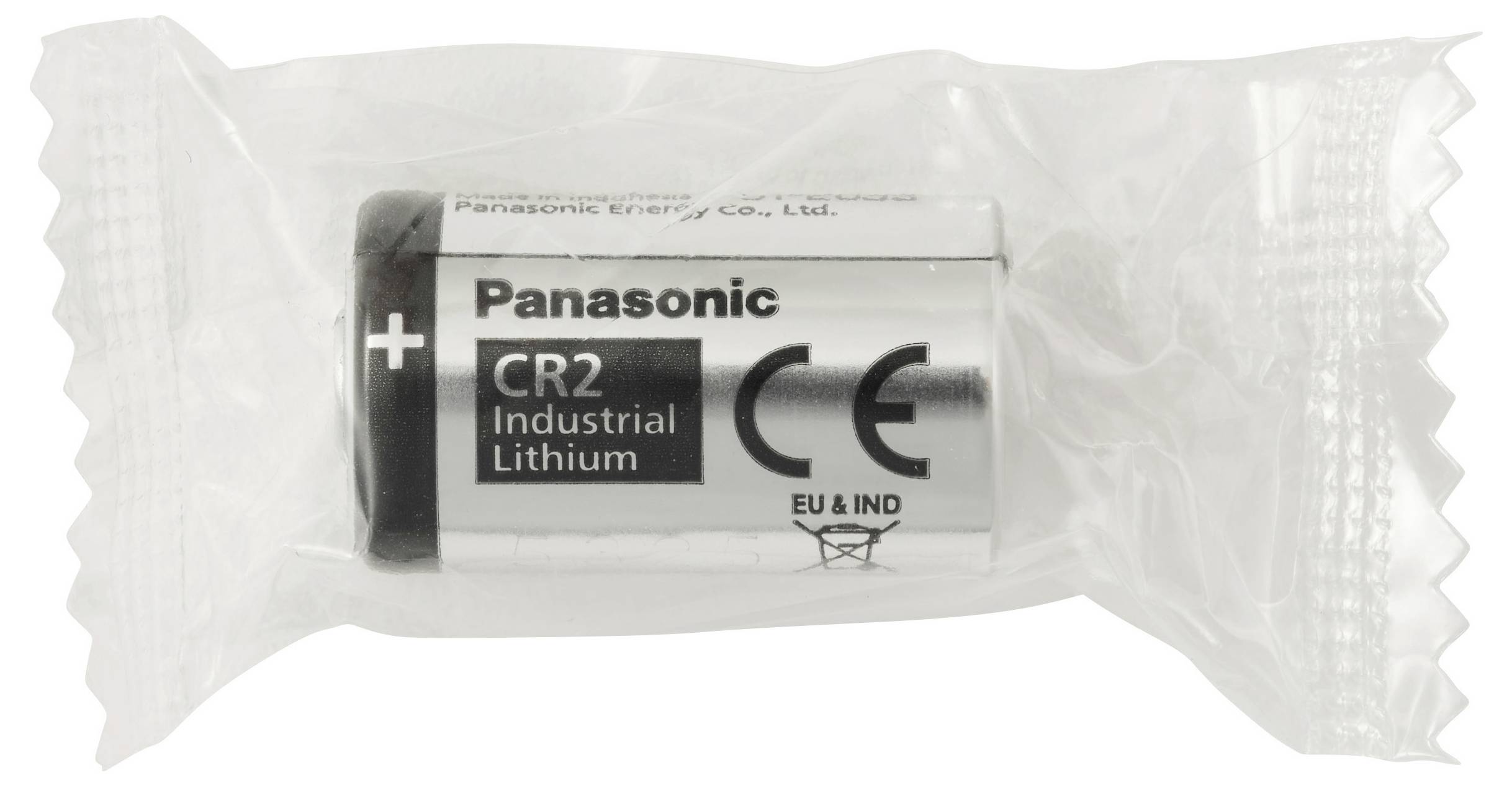 Eine Panasonic CR2 Industrielithiumbatterie in transparenter Kunststoffverpackung, die die positiven und negativen Anschlüsse zeigt, mit Zertifizierungsmarkierungen.