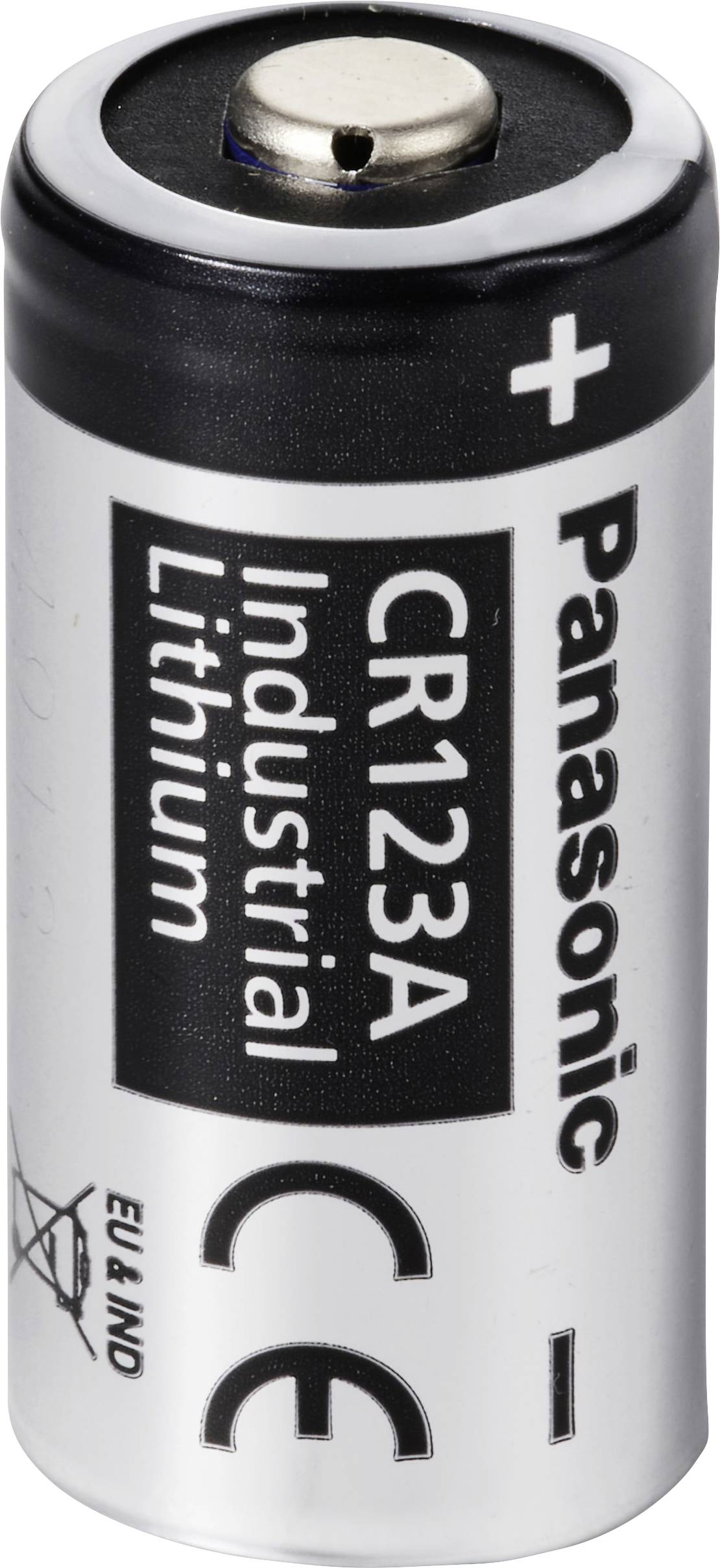 Lithium-Batterie von Panasonic, Modell CR123A, mit Plus- und Minuspolmarkierung sowie CE-Zeichen auf der Hülle.