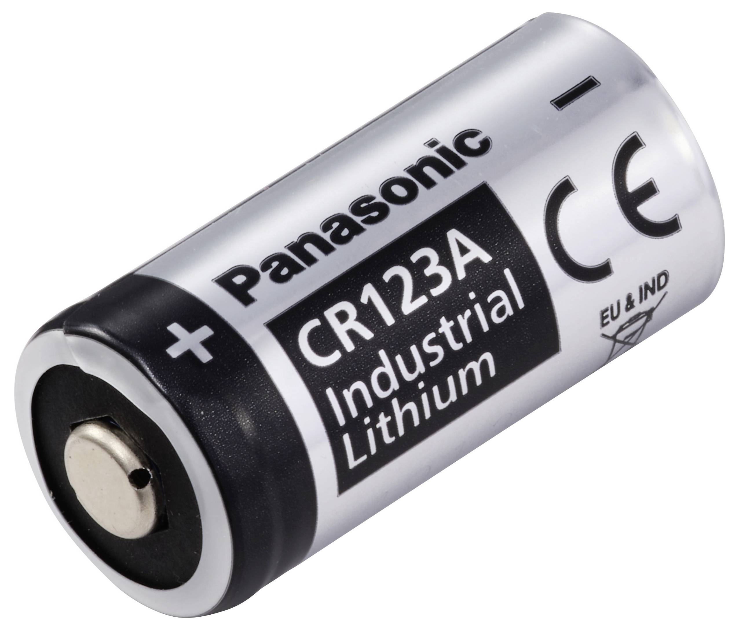 CR123A Lithium-Batterie von Panasonic, markiert mit 'Industrial Lithium' und CE-Zeichen, zylindrisch, geeignet für Industrieanwendungen.