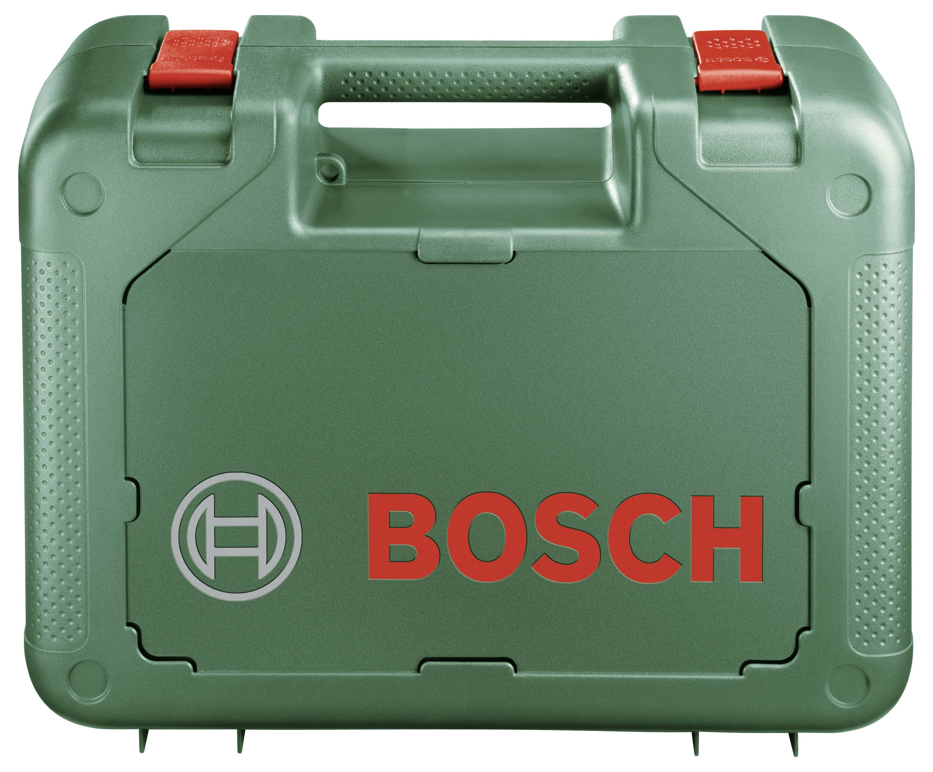 Ein grüner Werkzeugkoffer mit rotem 'BOSCH'-Logo und grauem Schraubenschlüssel-Symbol auf der Vorderseite.
