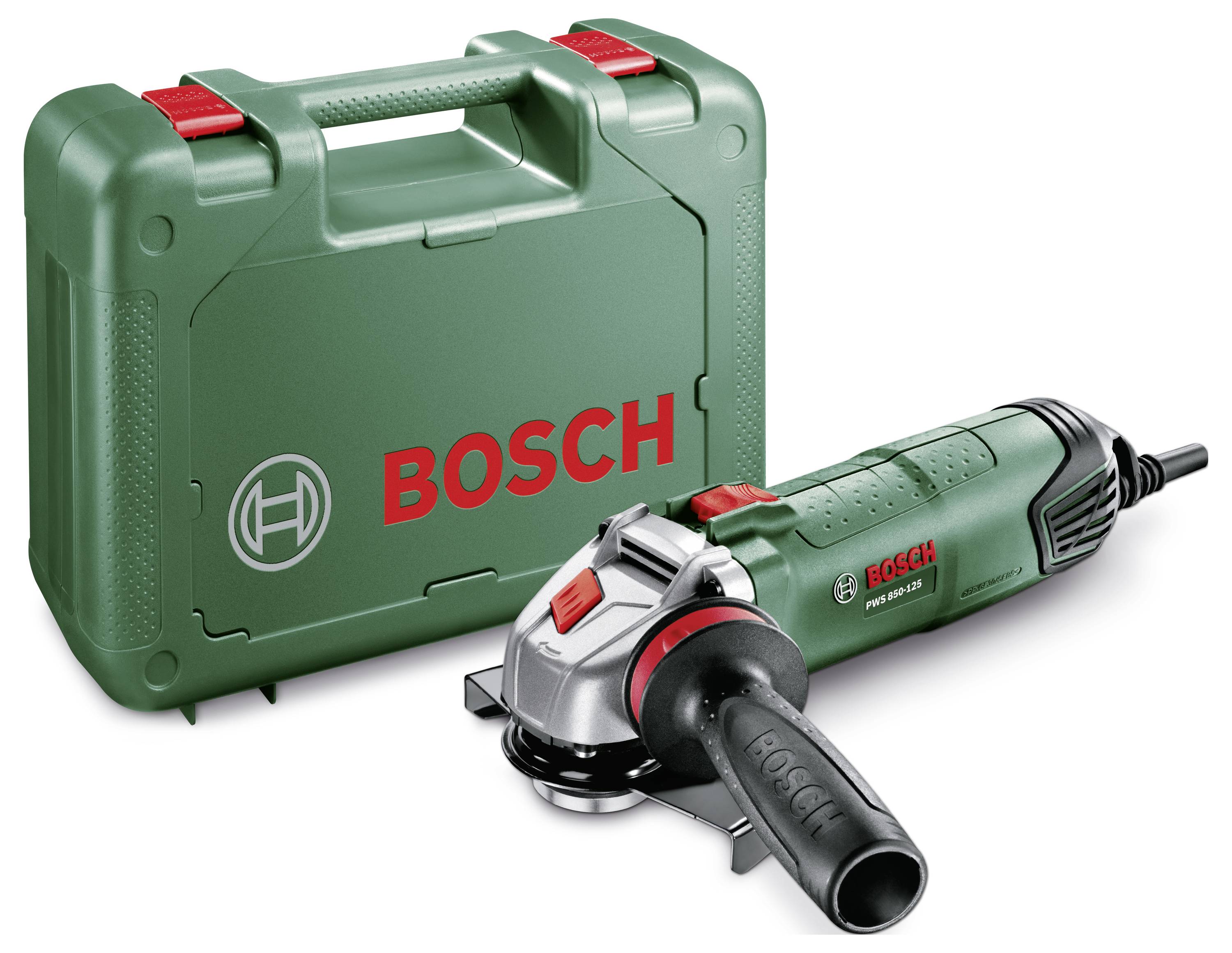 'Bosch' Winkelschleifer vor grünem Koffer mit rotem Schriftzug. Eignet sich für Heimwerkerarbeiten, kompakt und robust im Design.
